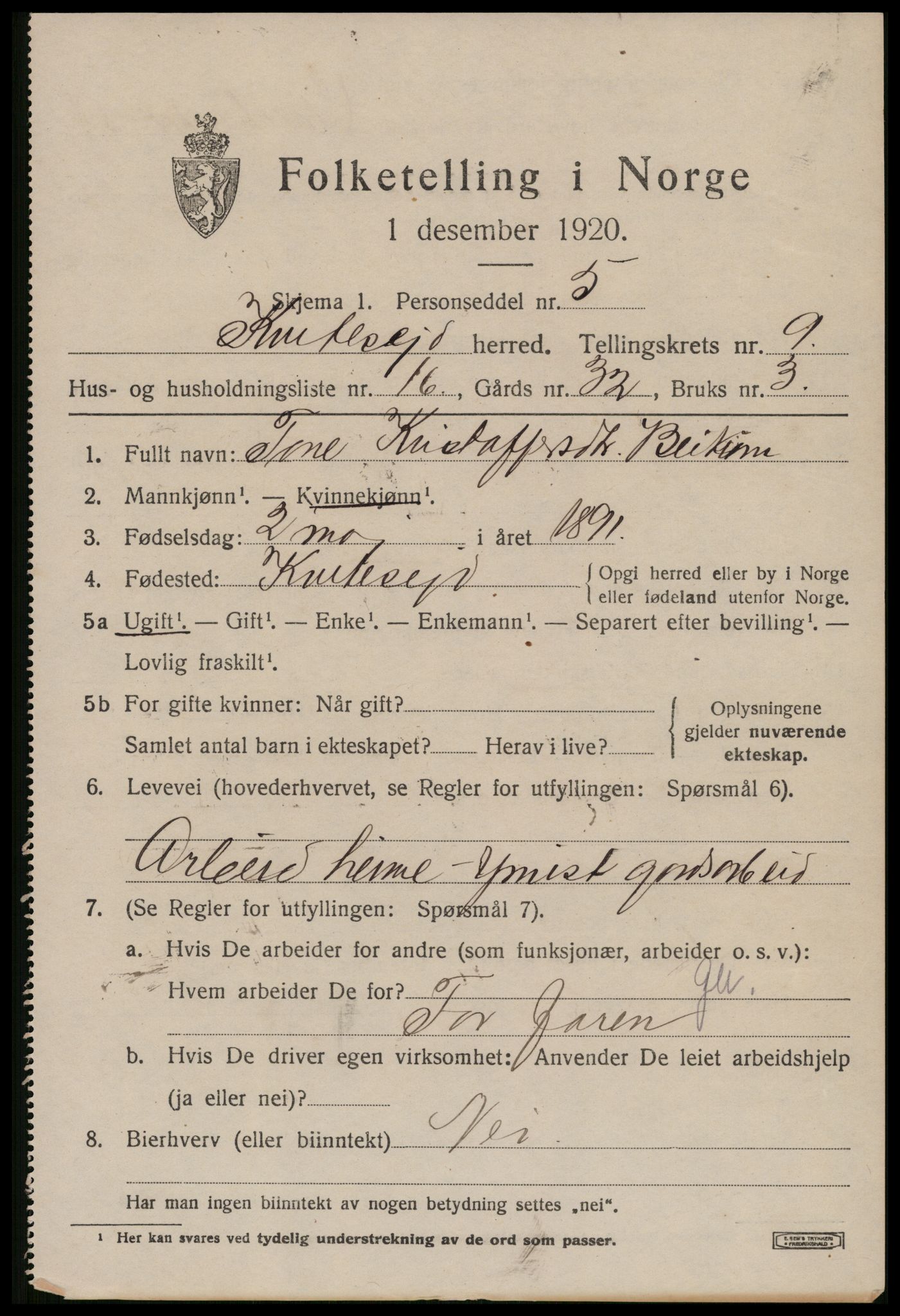 SAKO, 1920 census for Kviteseid, 1920, p. 4359