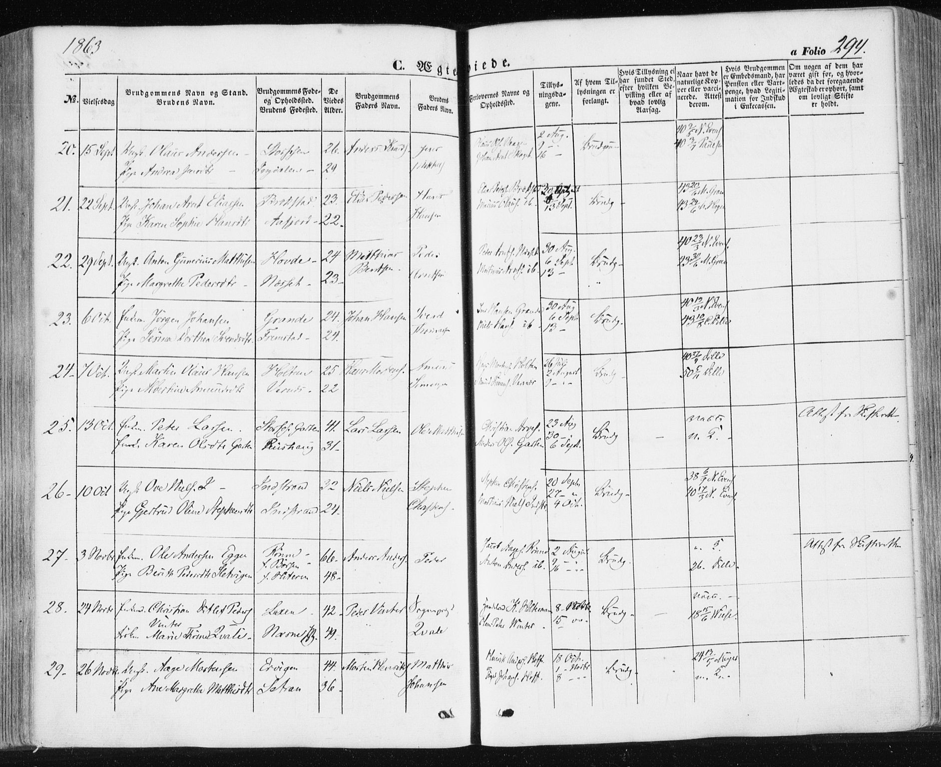 Ministerialprotokoller, klokkerbøker og fødselsregistre - Sør-Trøndelag, SAT/A-1456/659/L0737: Parish register (official) no. 659A07, 1857-1875, p. 294