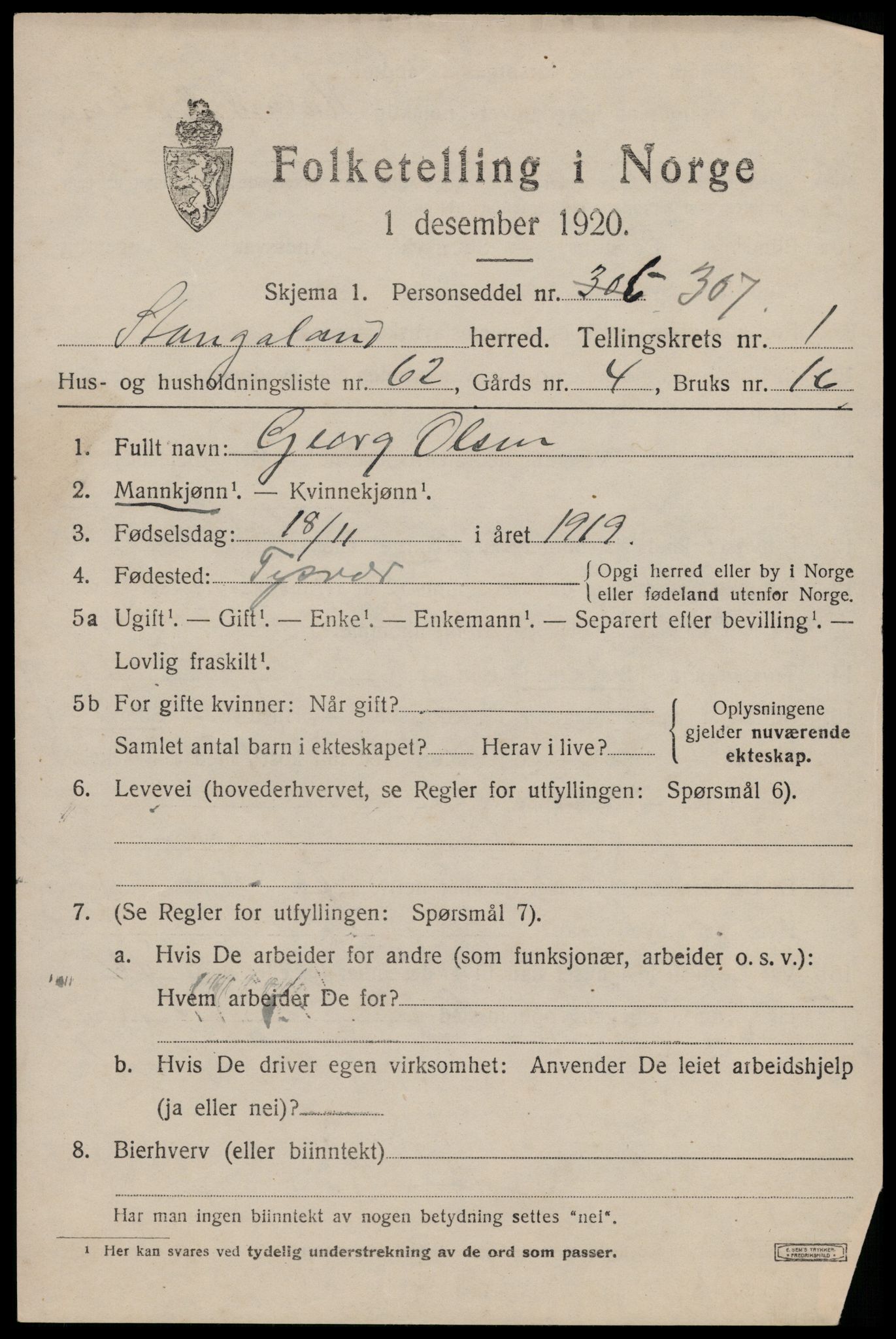 SAST, 1920 census for Stangaland, 1920, p. 1197