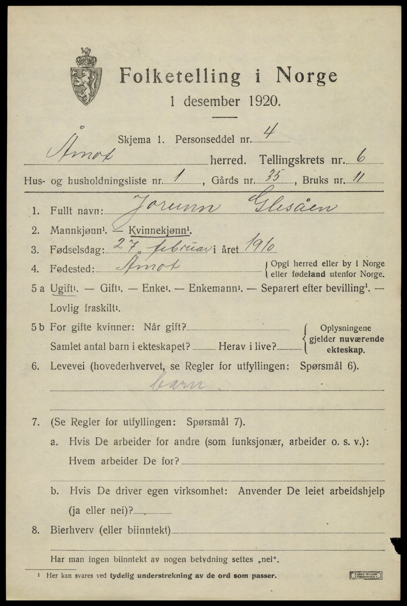 SAH, 1920 census for Åmot, 1920, p. 7299