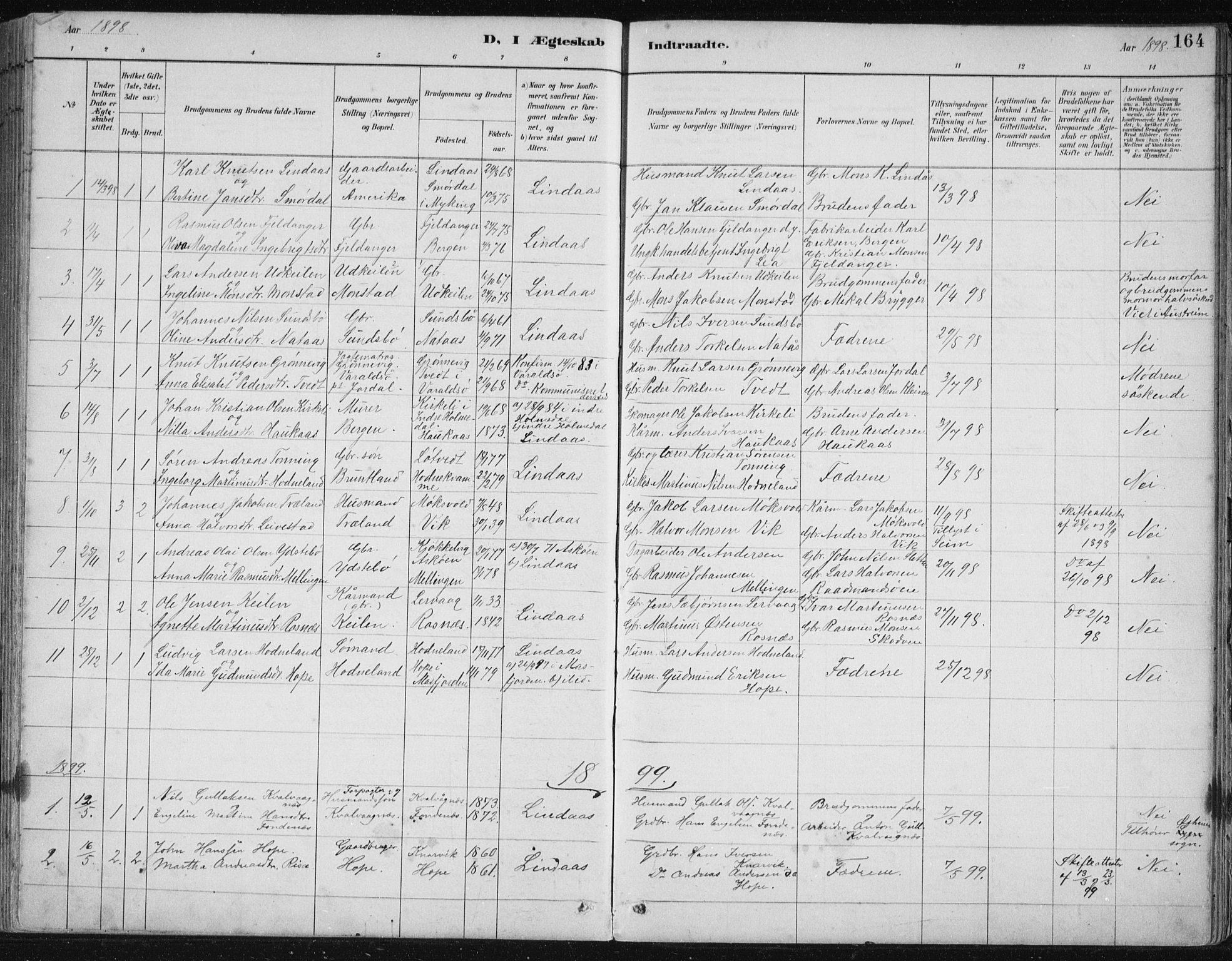 Lindås Sokneprestembete, SAB/A-76701/H/Hab: Parish register (copy) no. B 3, 1886-1914, p. 164