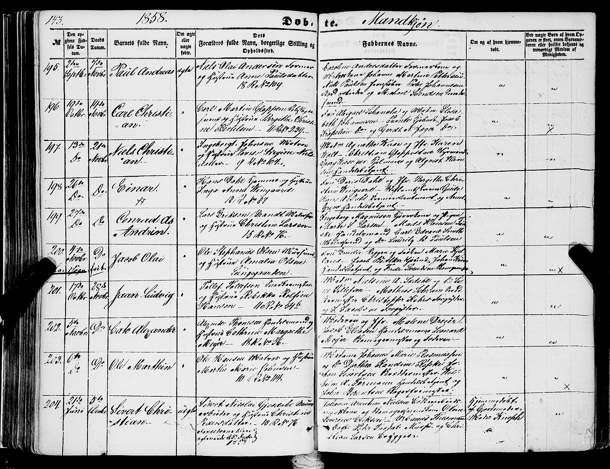 Domkirken sokneprestembete, AV/SAB-A-74801/H/Haa/L0020: Parish register (official) no. B 3, 1851-1859, p. 143