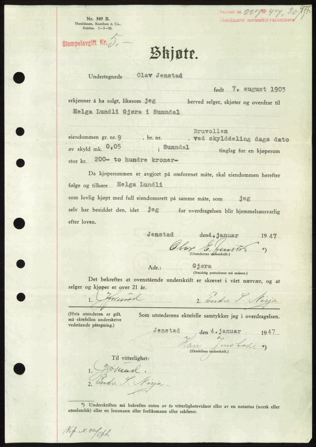 Nordmøre sorenskriveri, AV/SAT-A-4132/1/2/2Ca: Mortgage book no. A103, 1946-1947, Diary no: : 227/1947