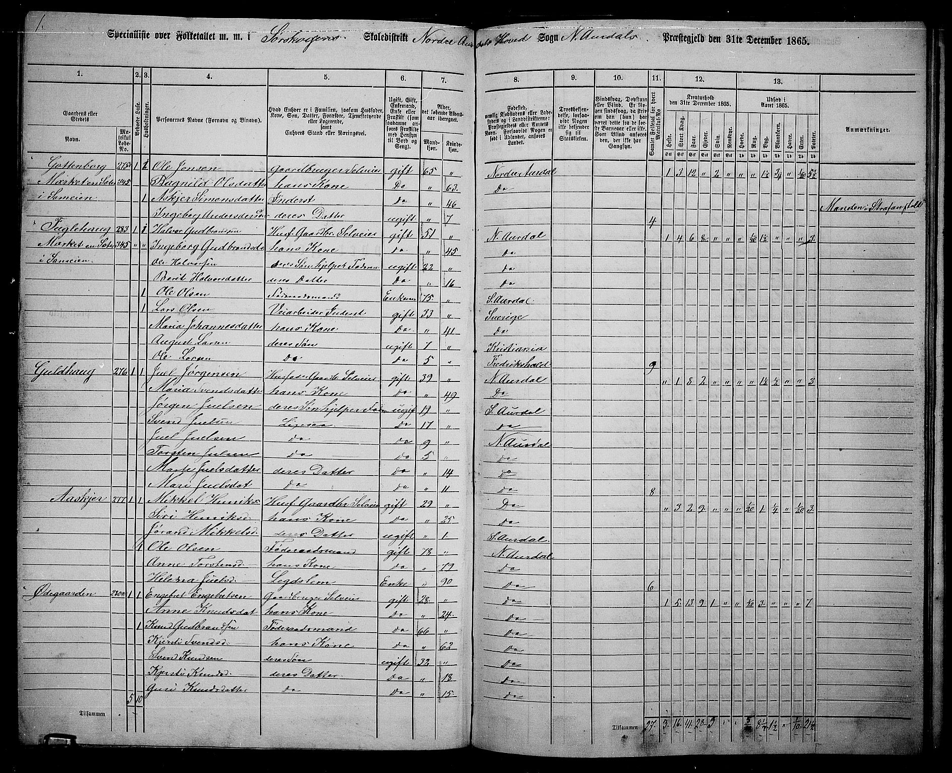 RA, 1865 census for Nord-Aurdal, 1865, p. 195