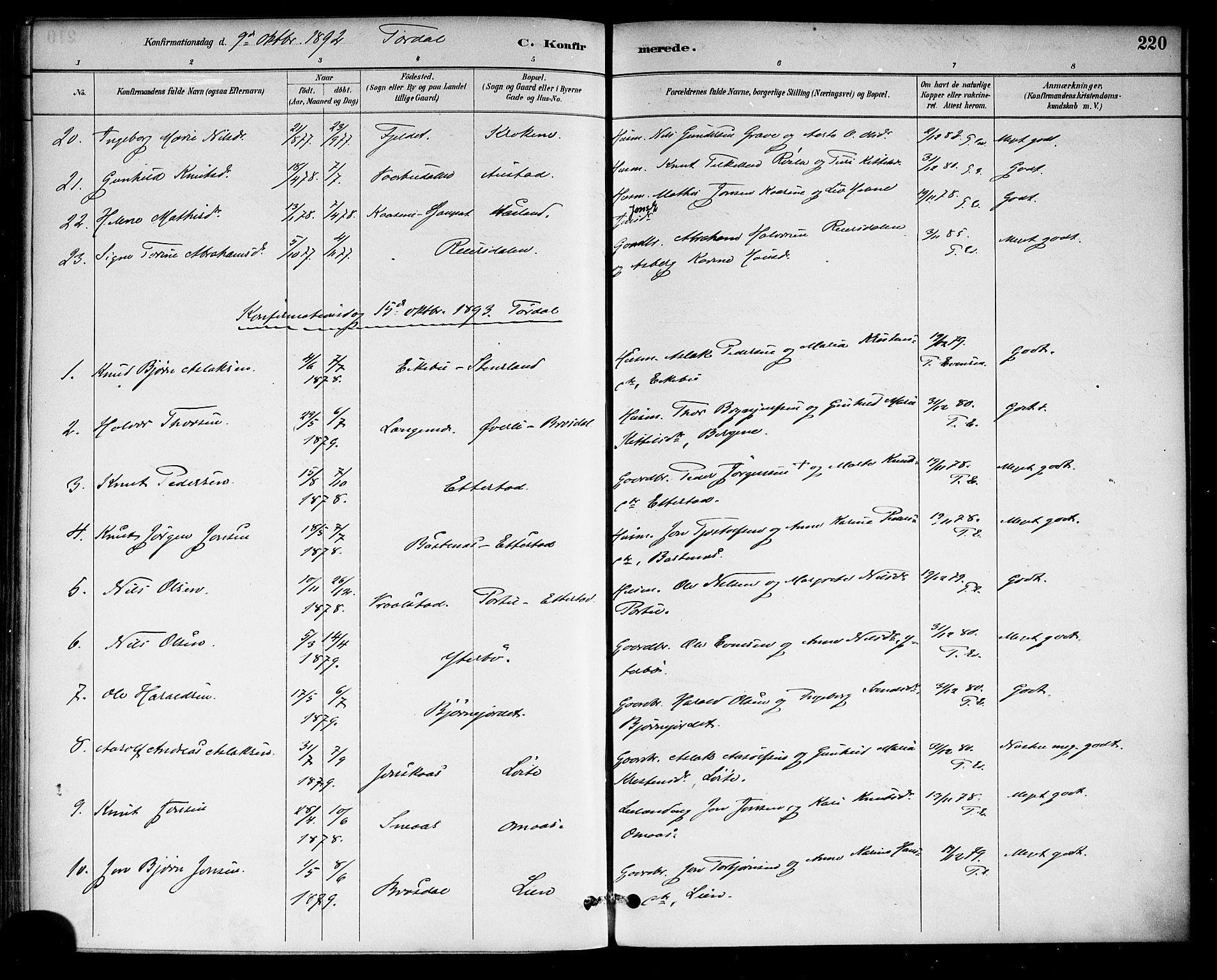 Drangedal kirkebøker, SAKO/A-258/F/Fa/L0010: Parish register (official) no. 10 /2, 1885-1894, p. 220