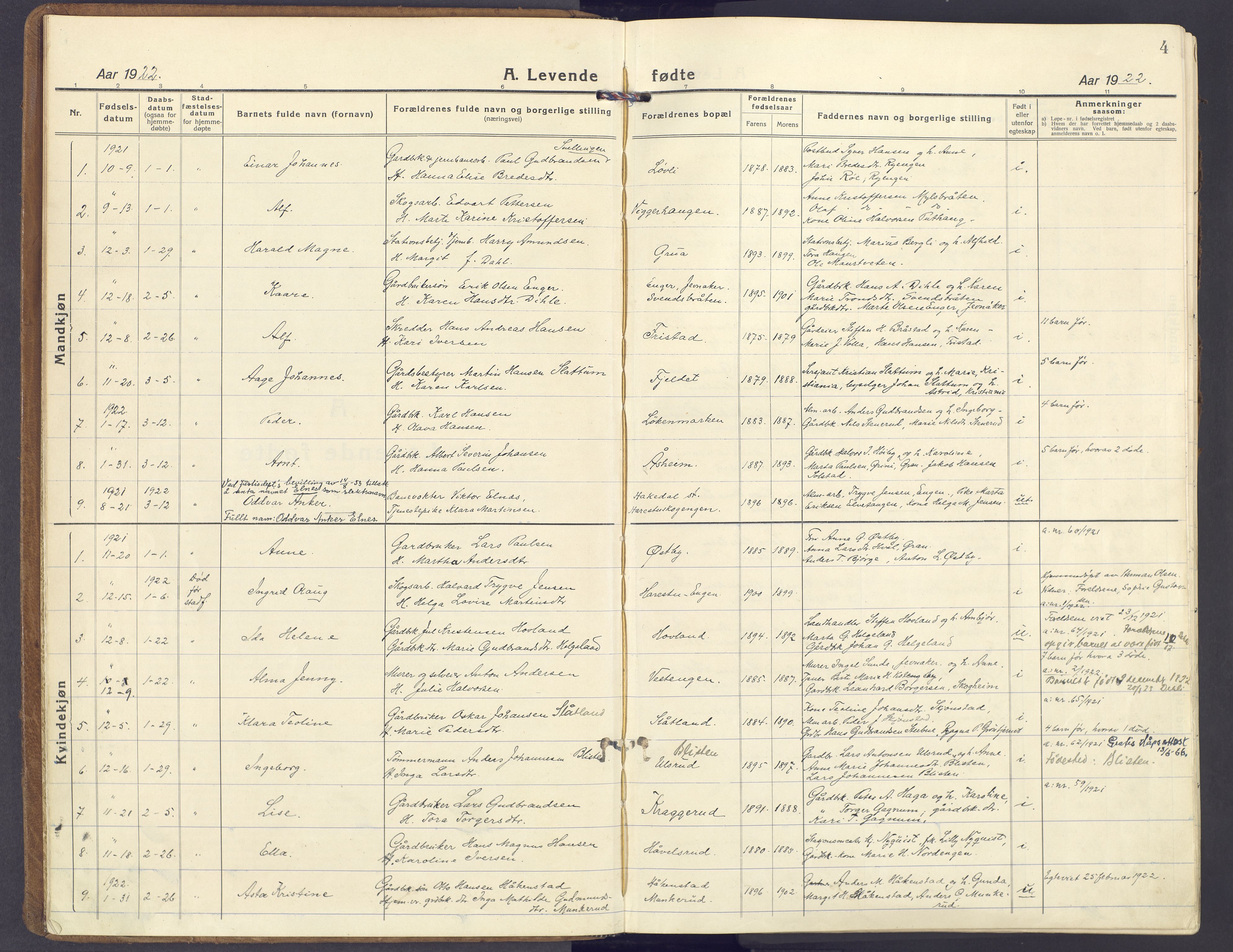 Lunner prestekontor, AV/SAH-PREST-118/H/Ha/Haa/L0002: Parish register (official) no. 2, 1922-1931, p. 4