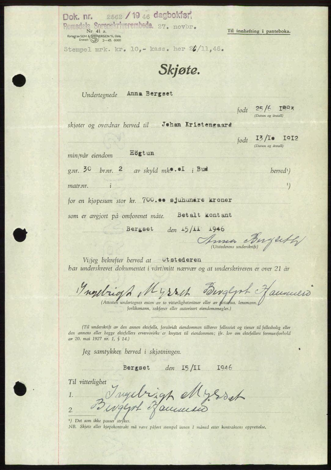 Romsdal sorenskriveri, AV/SAT-A-4149/1/2/2C: Mortgage book no. A21, 1946-1946, Diary no: : 2562/1946