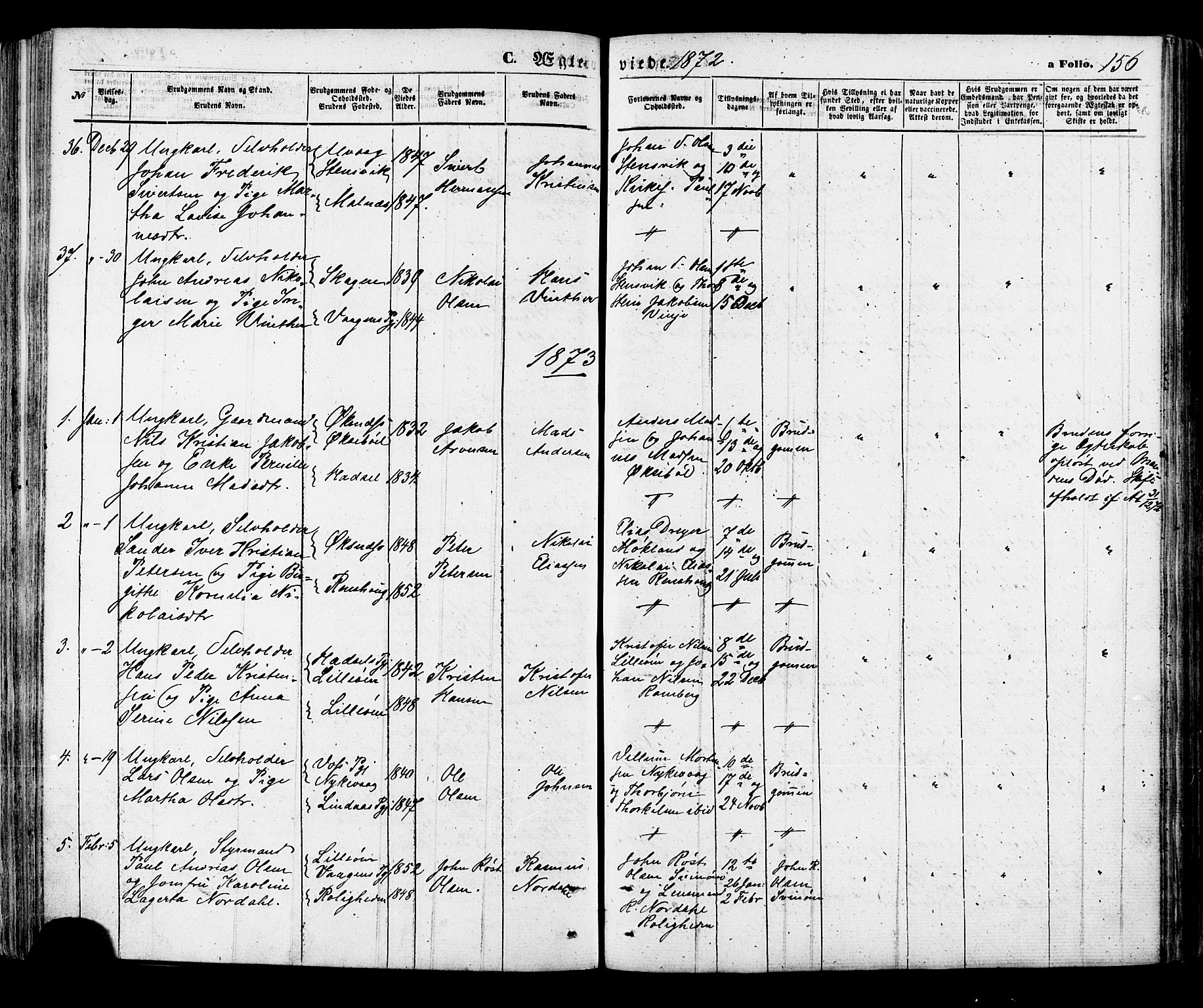 Ministerialprotokoller, klokkerbøker og fødselsregistre - Nordland, AV/SAT-A-1459/891/L1301: Parish register (official) no. 891A06, 1870-1878, p. 156