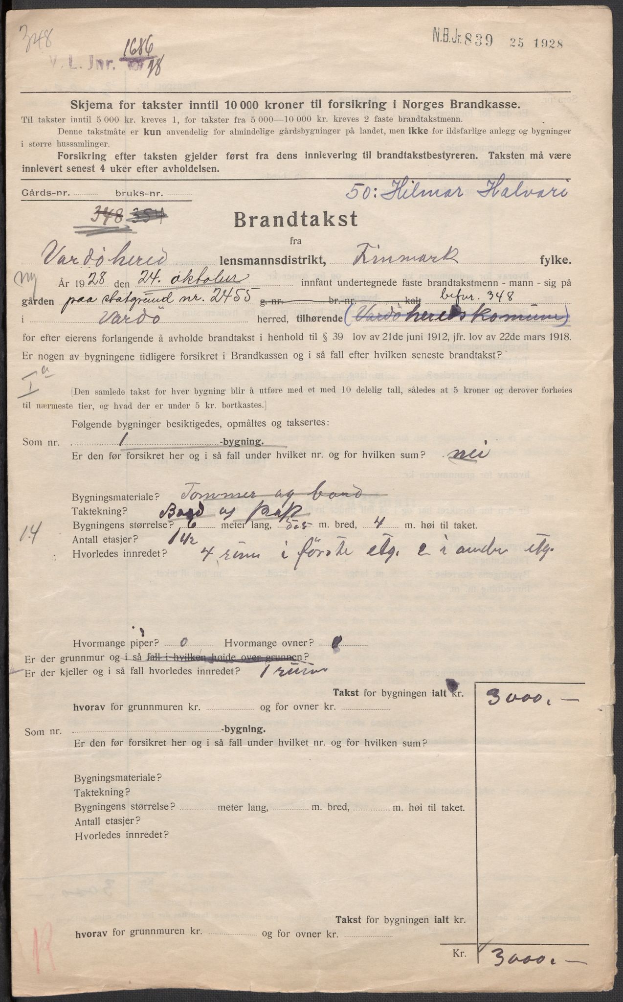 Norges Brannkasse, AV/RA-S-1549/E/Eu/L0018: Branntakster for Vardø by, 1884-1955, p. 291