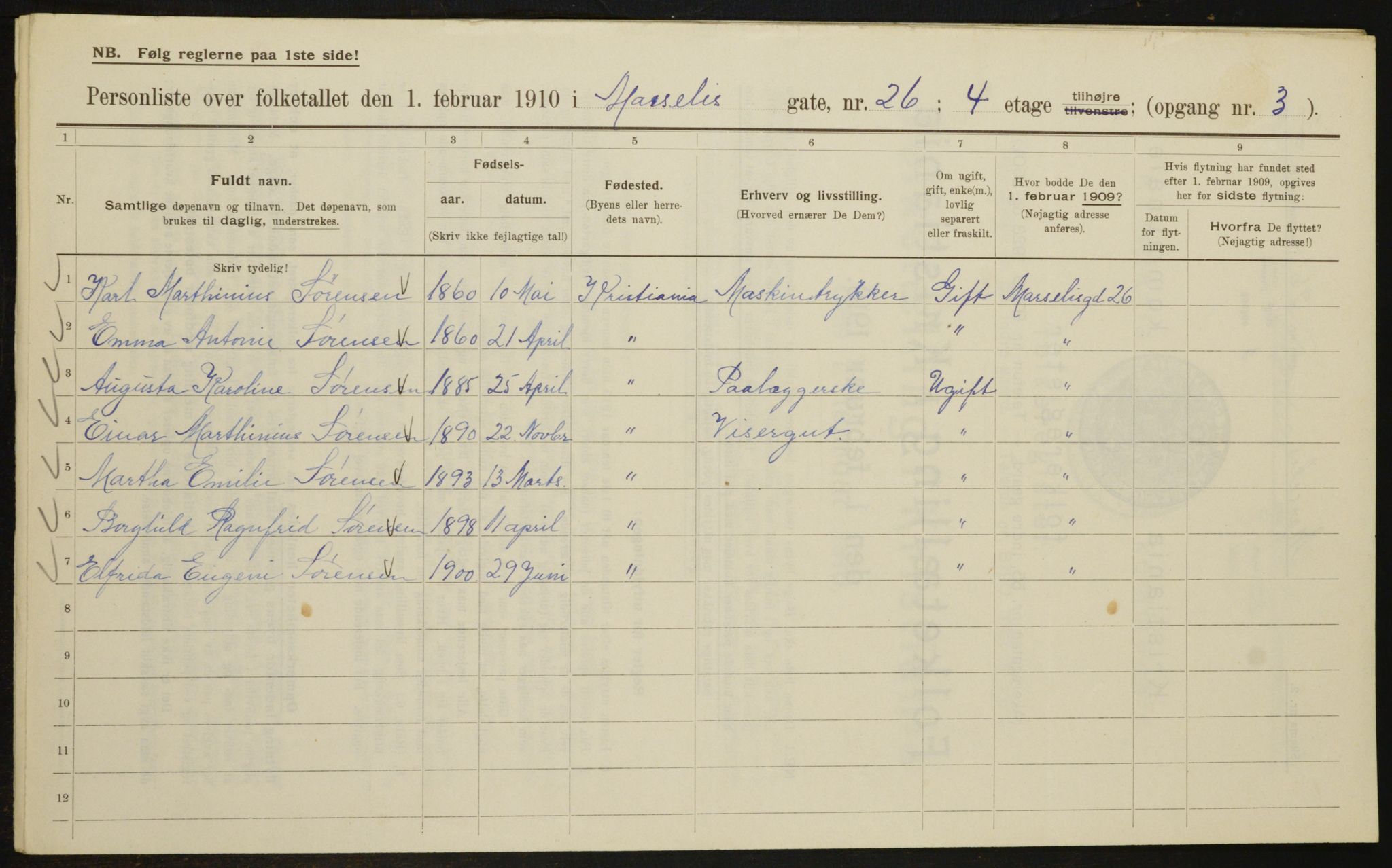 OBA, Municipal Census 1910 for Kristiania, 1910, p. 62325