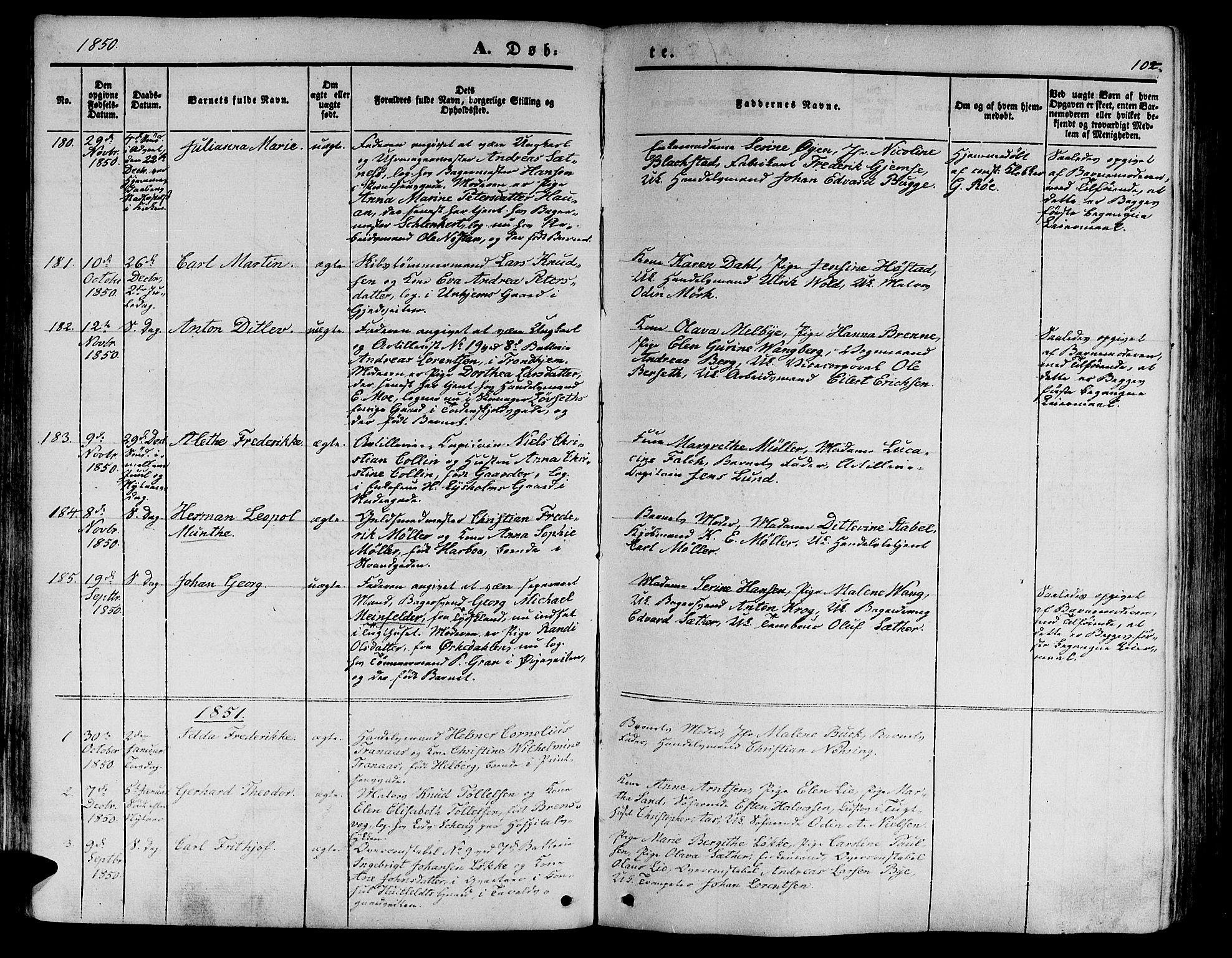 Ministerialprotokoller, klokkerbøker og fødselsregistre - Sør-Trøndelag, SAT/A-1456/602/L0137: Parish register (copy) no. 602C05, 1846-1856, p. 102