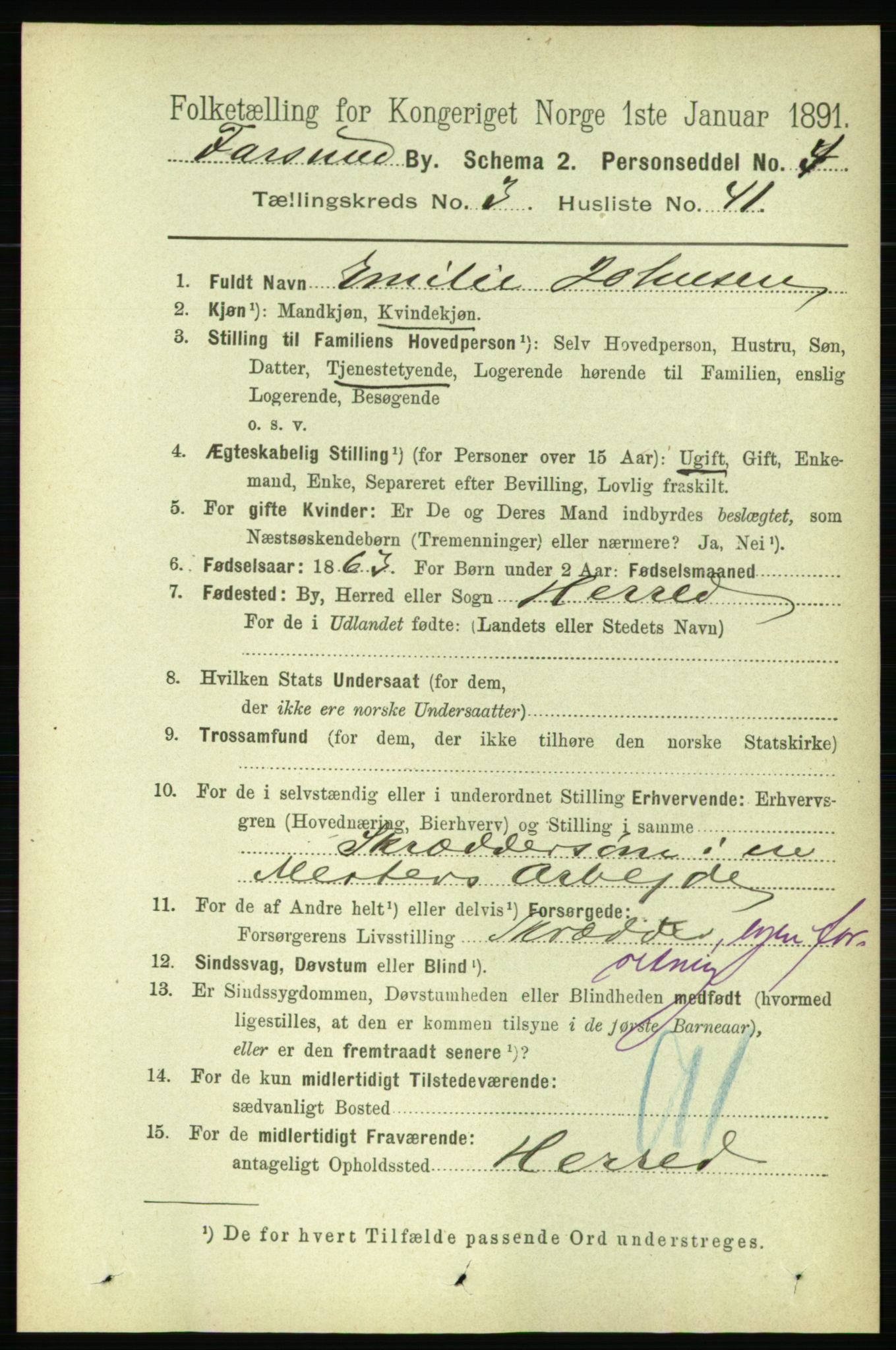 RA, 1891 census for 1003 Farsund, 1891, p. 1620