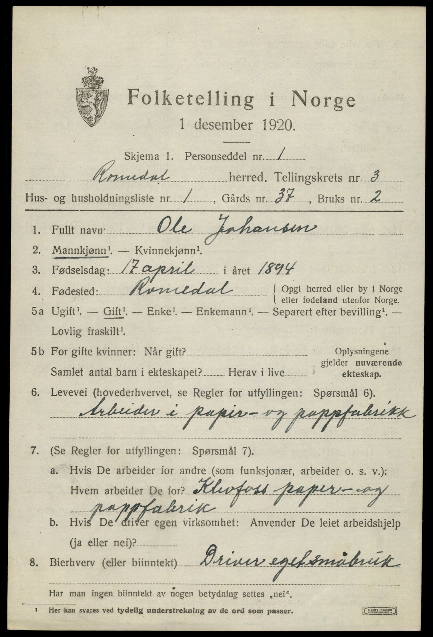 SAH, 1920 census for Romedal, 1920, p. 4571