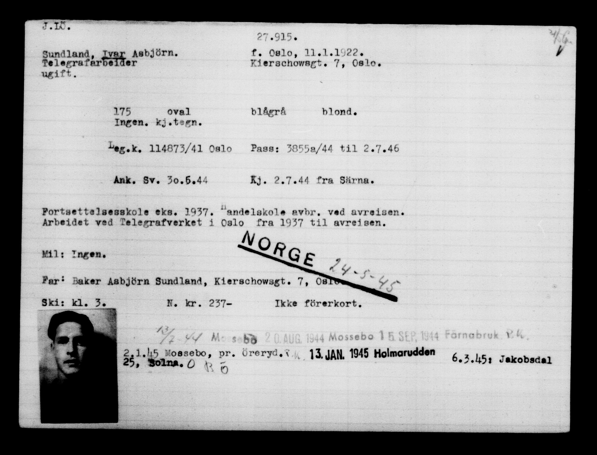 Den Kgl. Norske Legasjons Flyktningskontor, AV/RA-S-6753/V/Va/L0011: Kjesäterkartoteket.  Flyktningenr. 25300-28349, 1940-1945, p. 2785