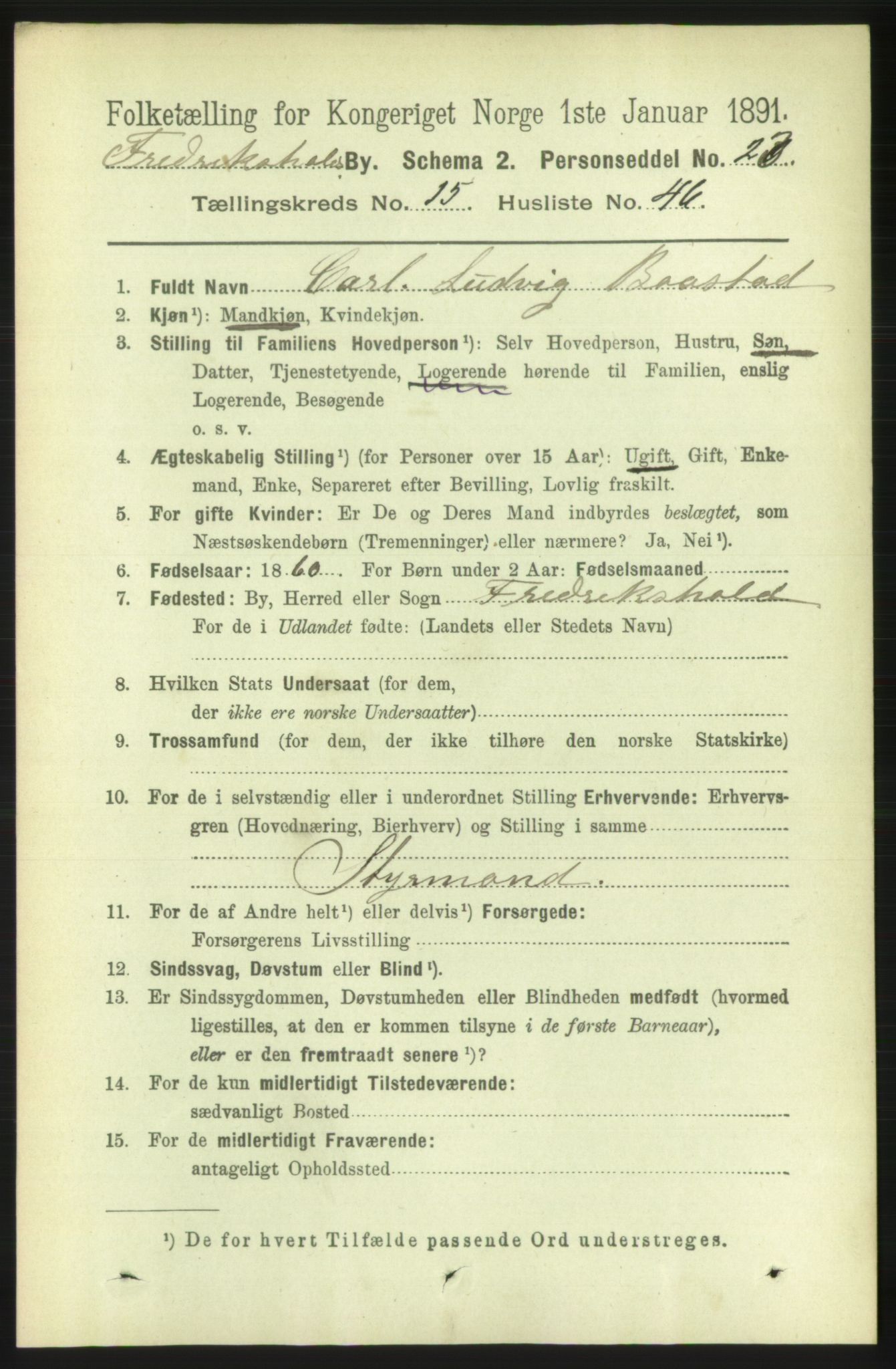 RA, 1891 census for 0101 Fredrikshald, 1891, p. 10013