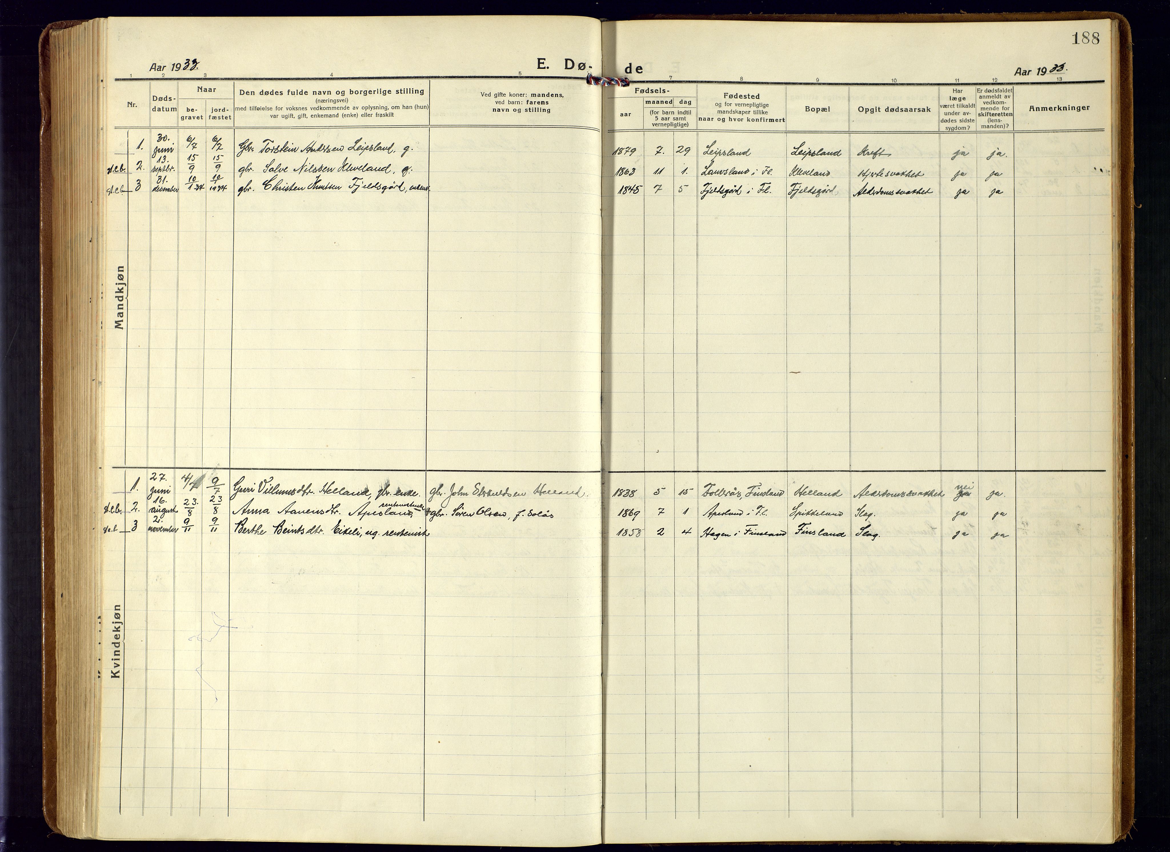 Bjelland sokneprestkontor, SAK/1111-0005/F/Fa/Fab/L0005: Parish register (official) no. A 5, 1921-1951, p. 188