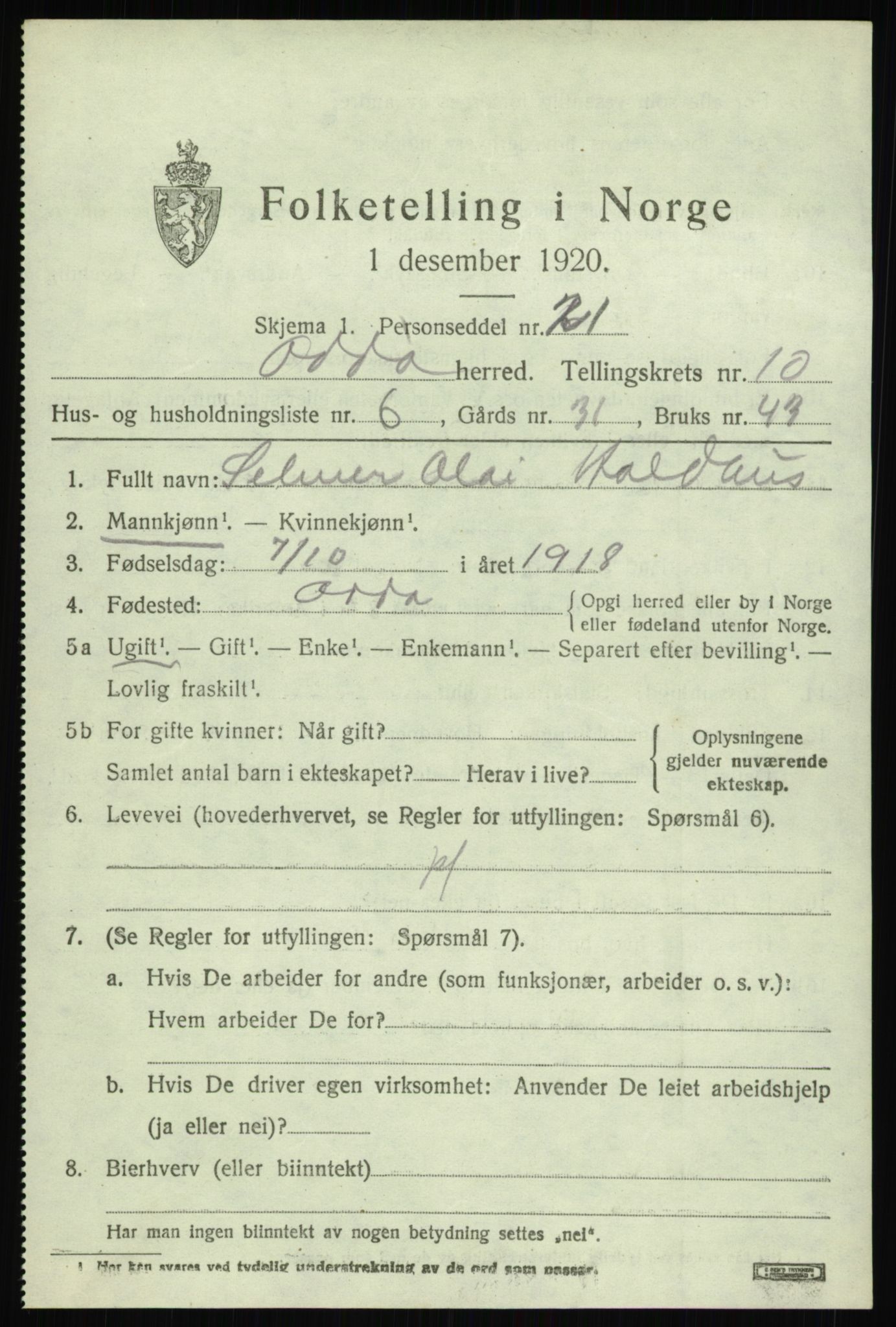 SAB, 1920 census for Odda, 1920, p. 9677