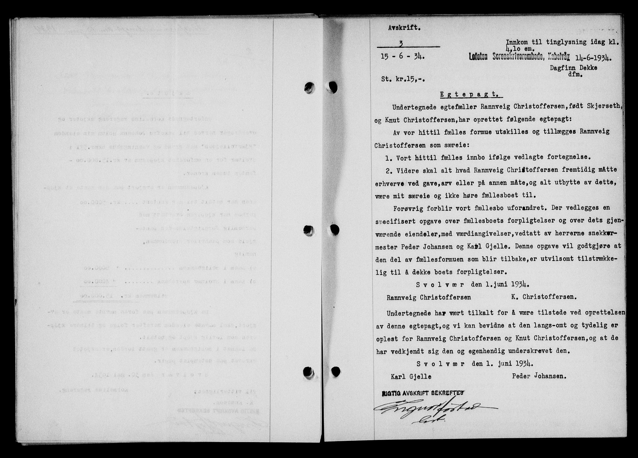 Lofoten sorenskriveri, SAT/A-0017/1/2/2C/L0029b: Mortgage book no. 29b, 1934-1934, Deed date: 15.06.1934