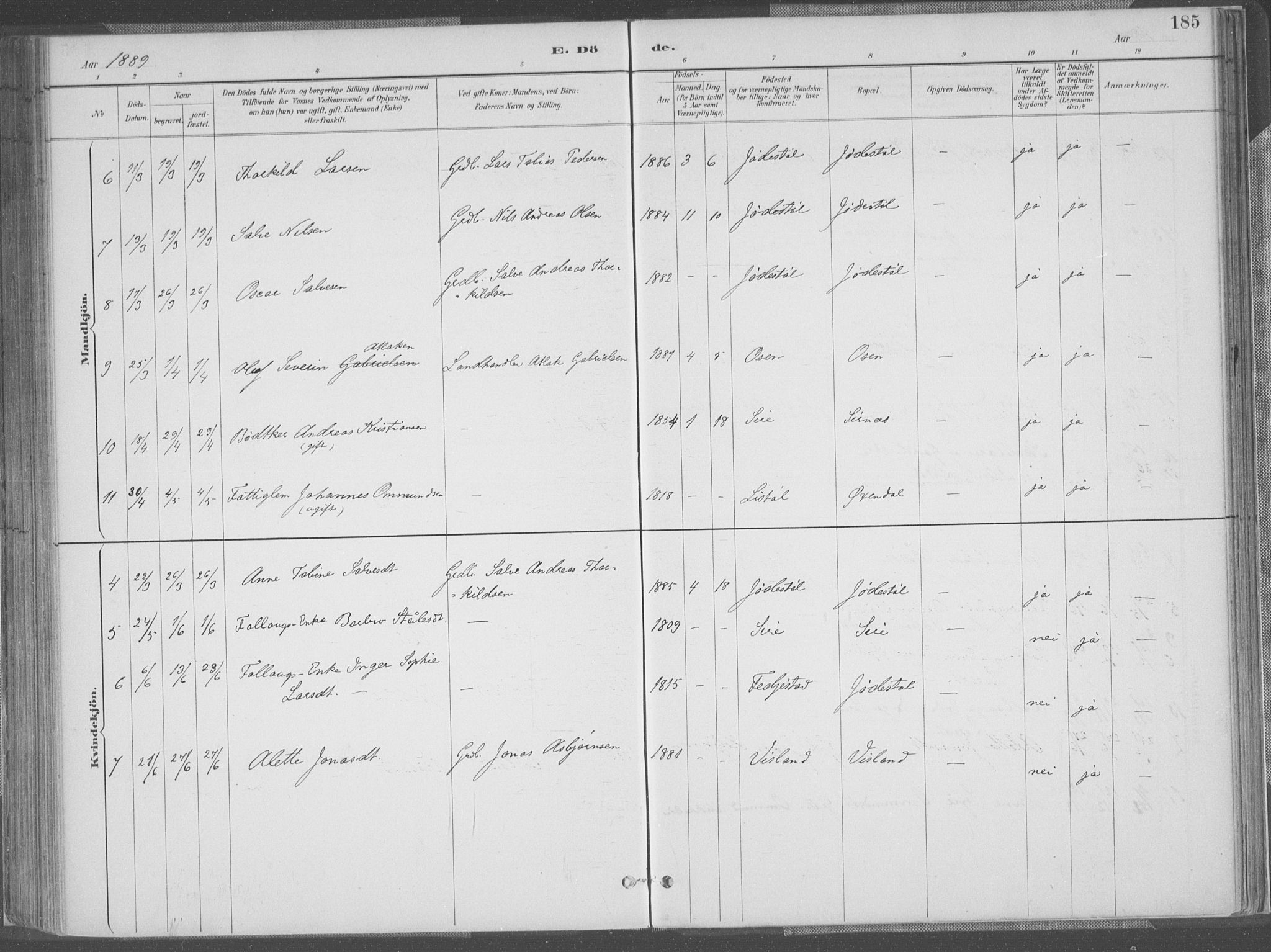 Bakke sokneprestkontor, AV/SAK-1111-0002/F/Fa/Faa/L0008: Parish register (official) no. A 8, 1887-1911, p. 185