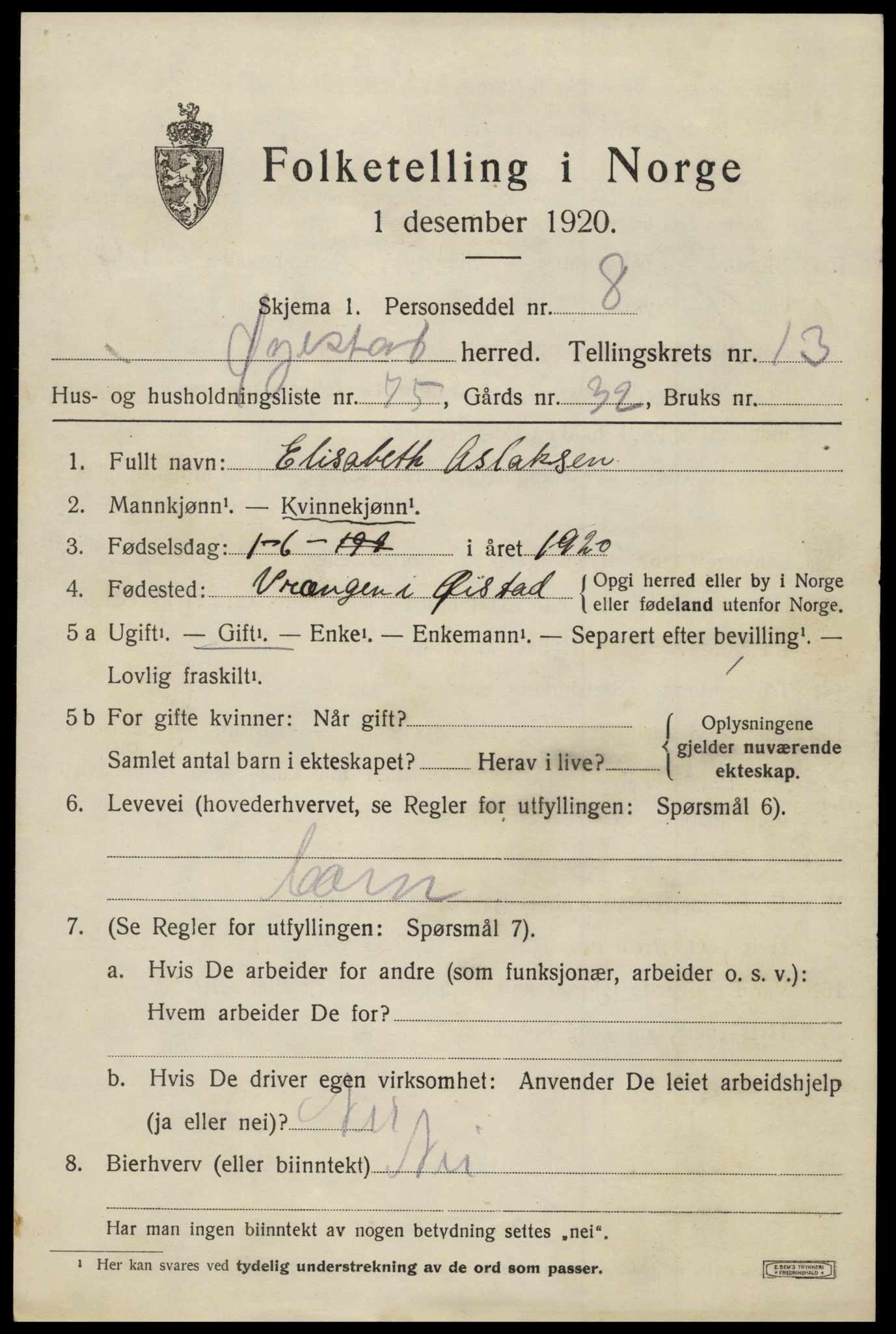 SAK, 1920 census for Øyestad, 1920, p. 8918