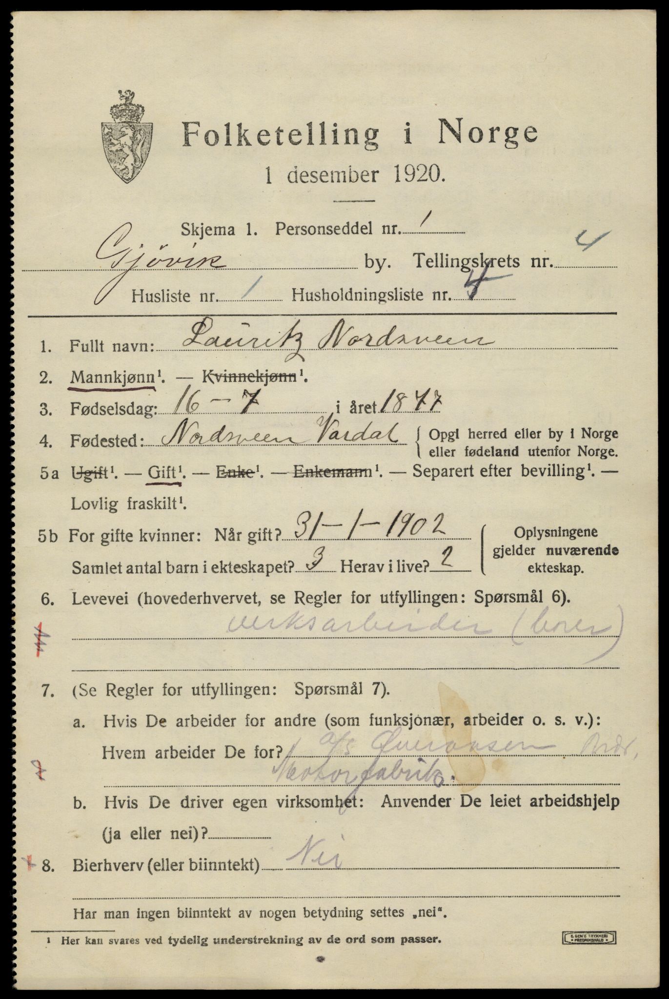 SAH, 1920 census for Gjøvik, 1920, p. 7846