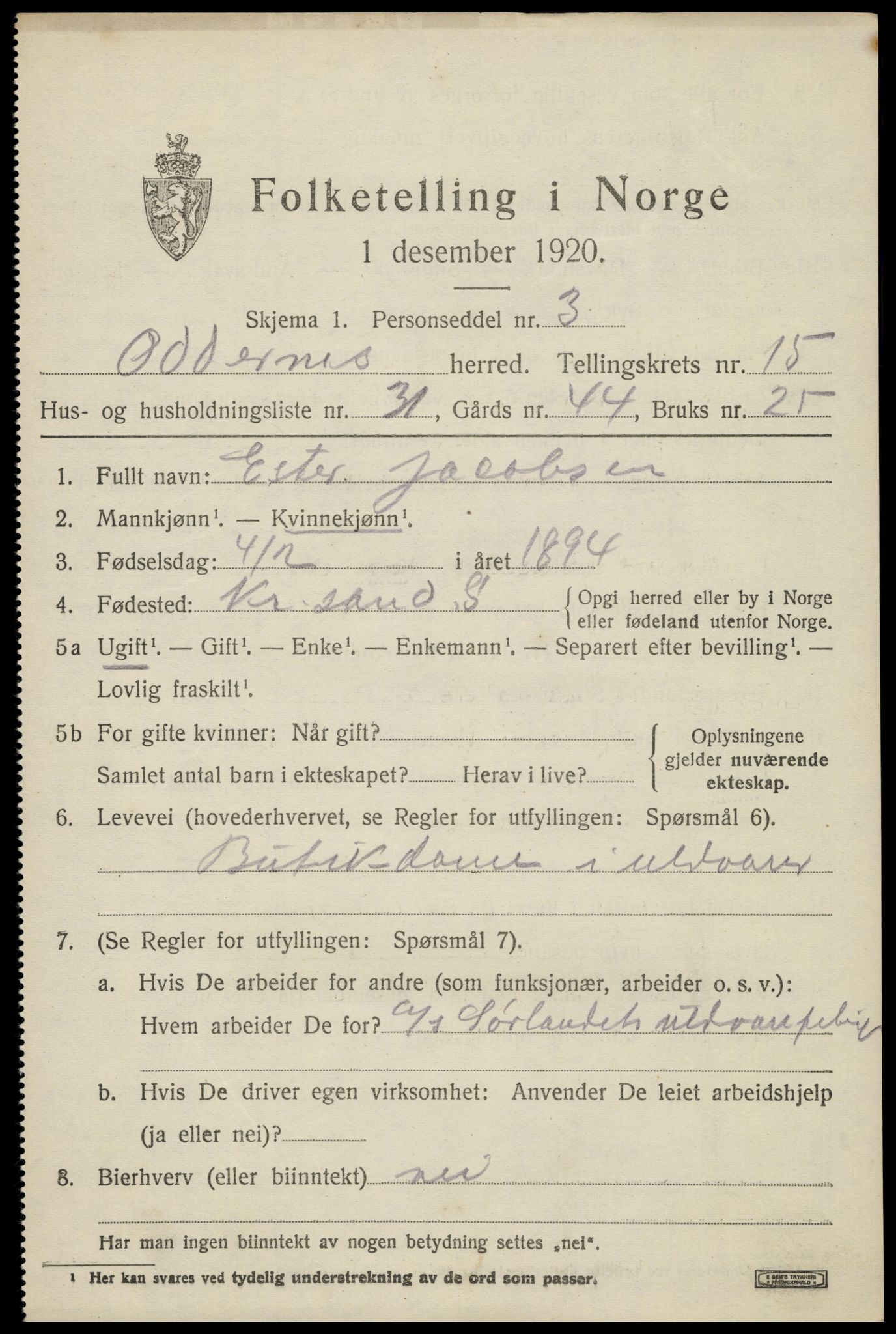 SAK, 1920 census for Oddernes, 1920, p. 10335