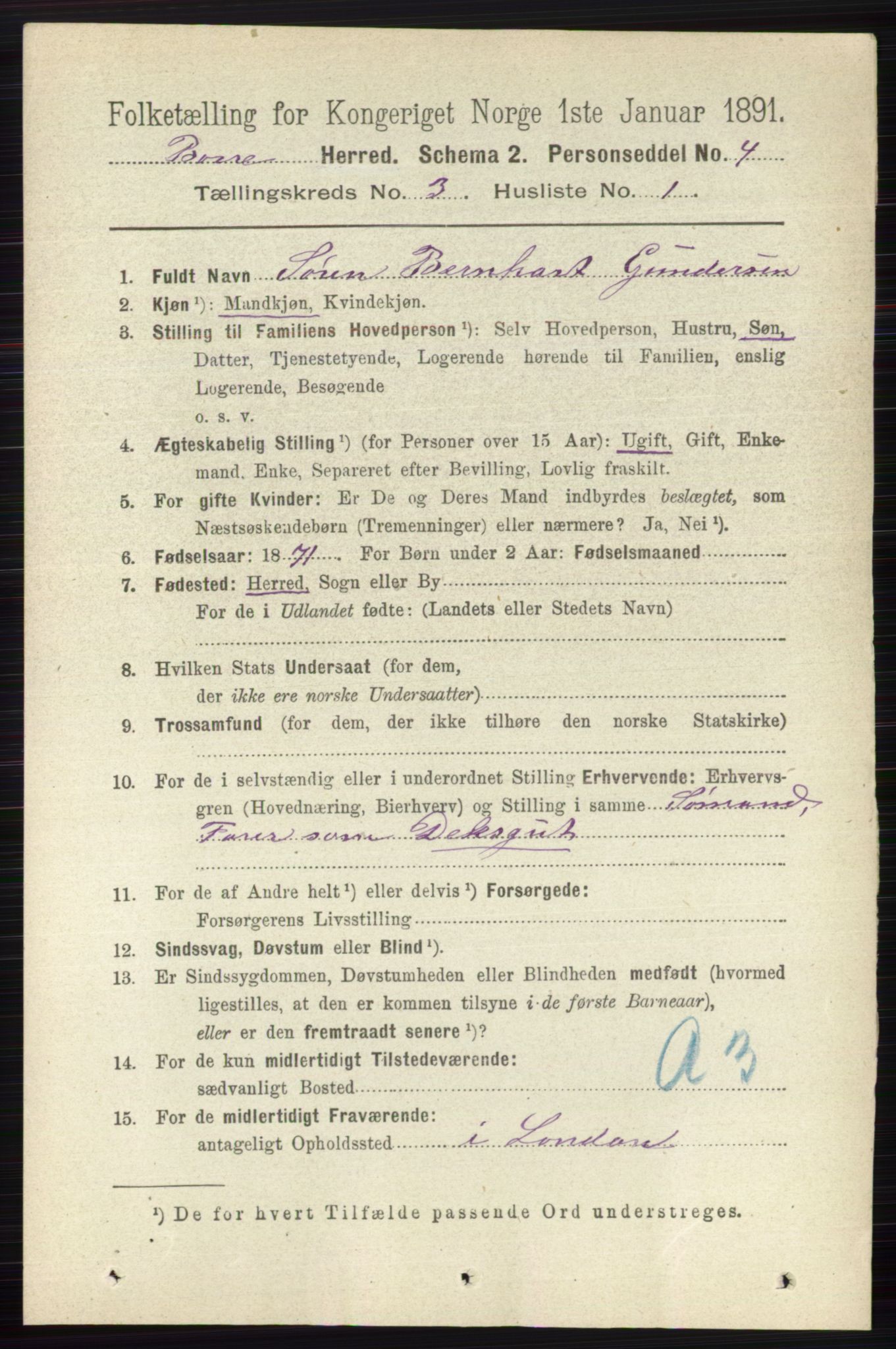 RA, 1891 census for 0717 Borre, 1891, p. 1218