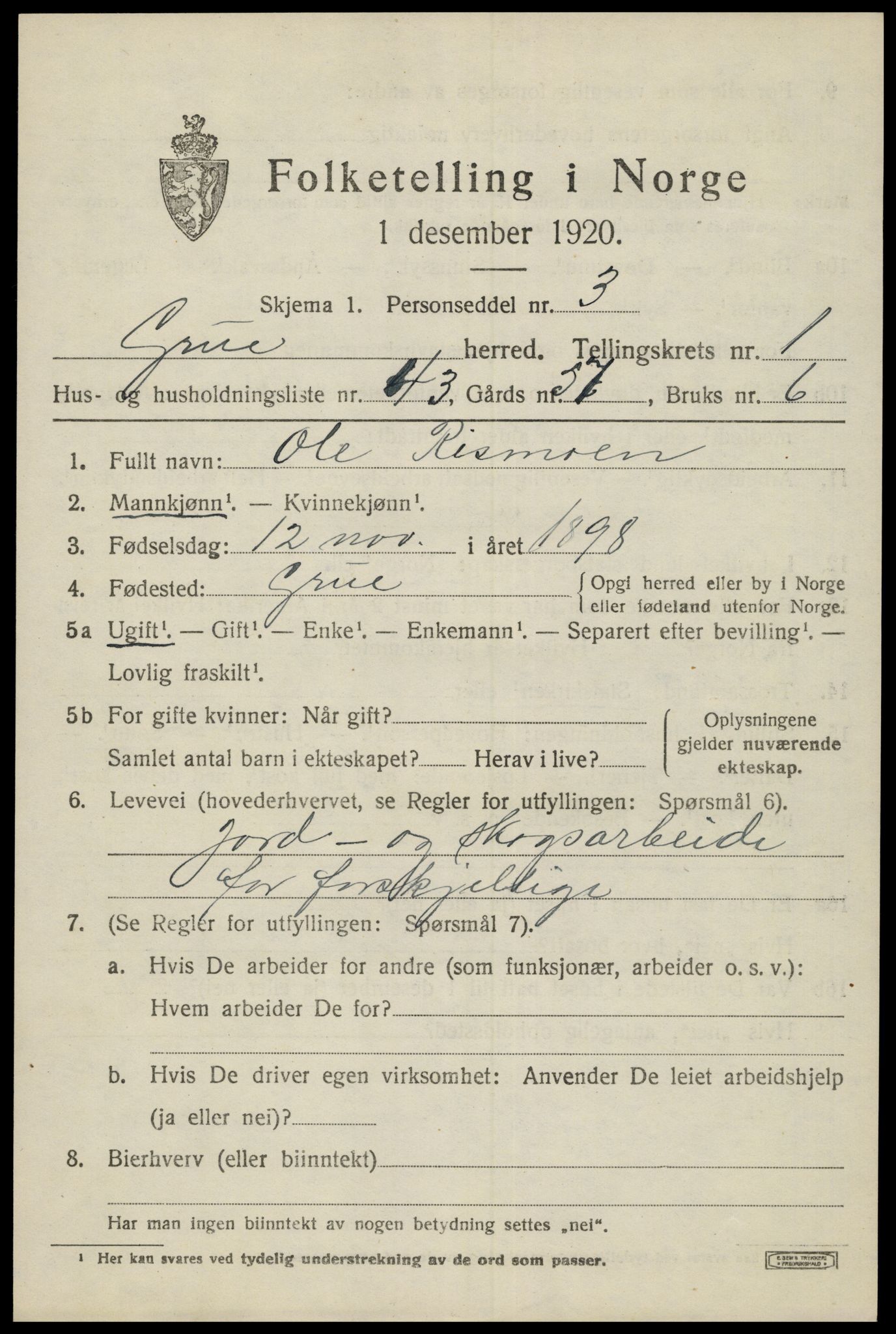 SAH, 1920 census for Grue, 1920, p. 2969