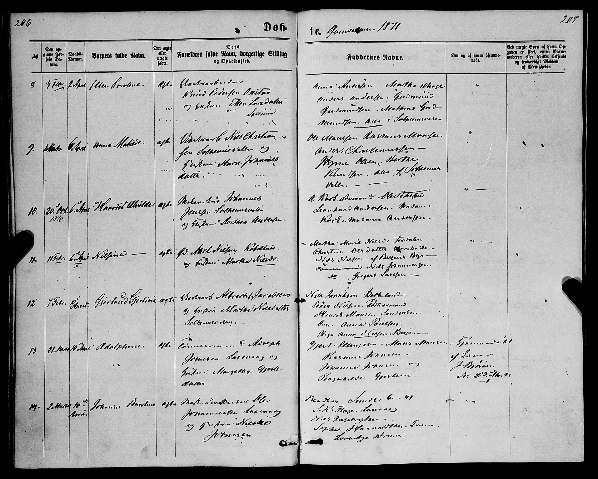 St. Jørgens hospital og Årstad sokneprestembete, AV/SAB-A-99934: Parish register (official) no. A 6, 1870-1878, p. 206-207