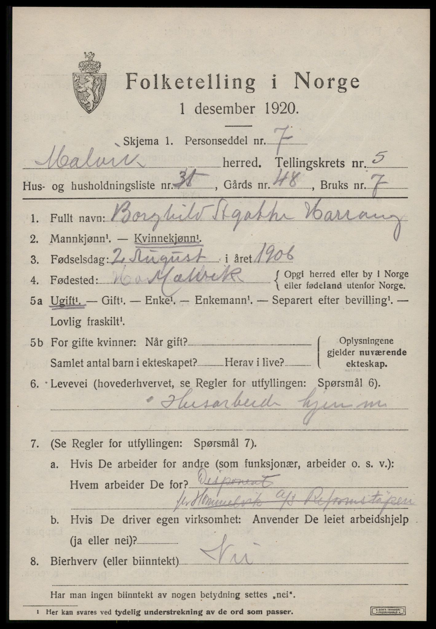 SAT, 1920 census for Malvik, 1920, p. 3600
