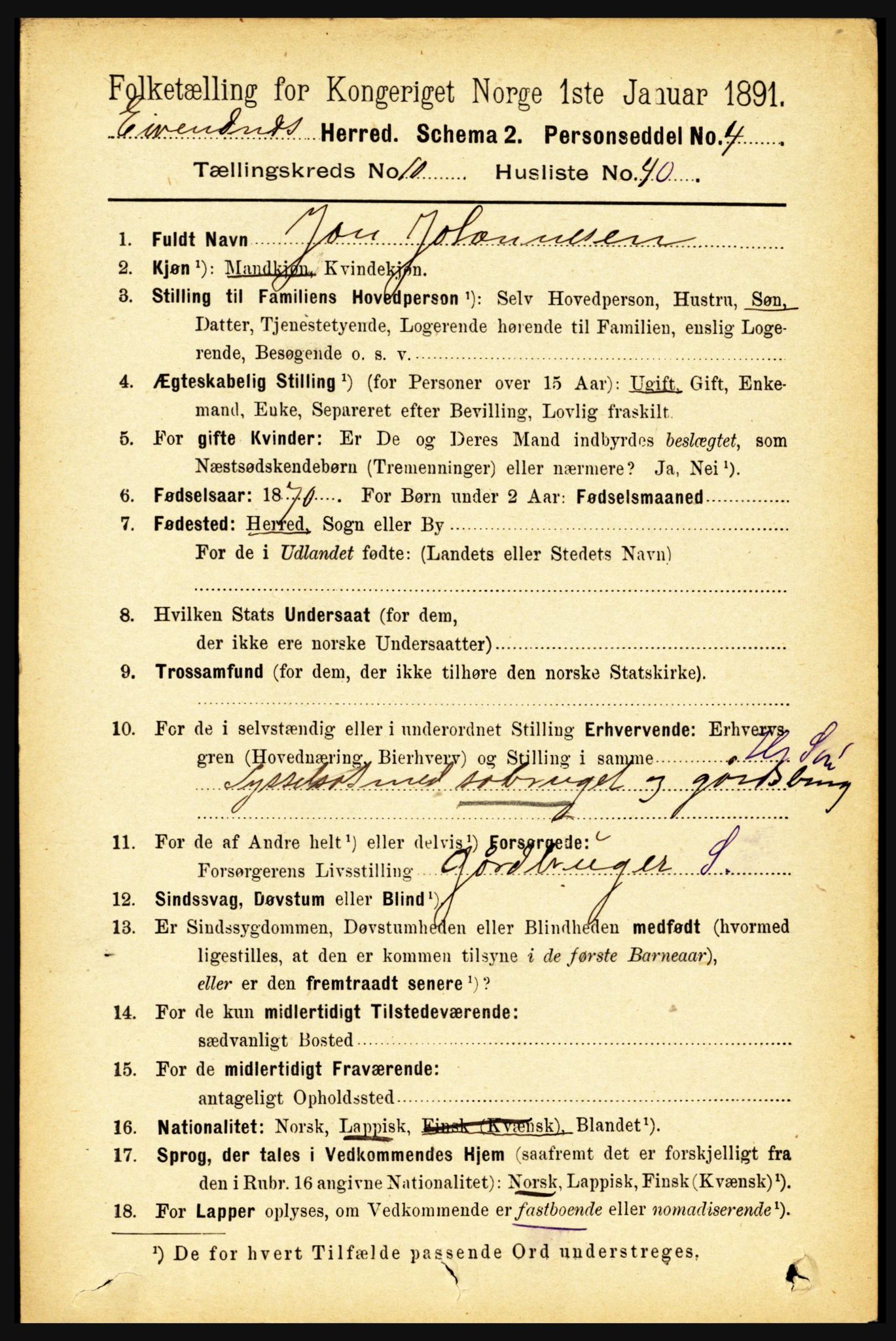 RA, 1891 census for 1853 Evenes, 1891, p. 3416