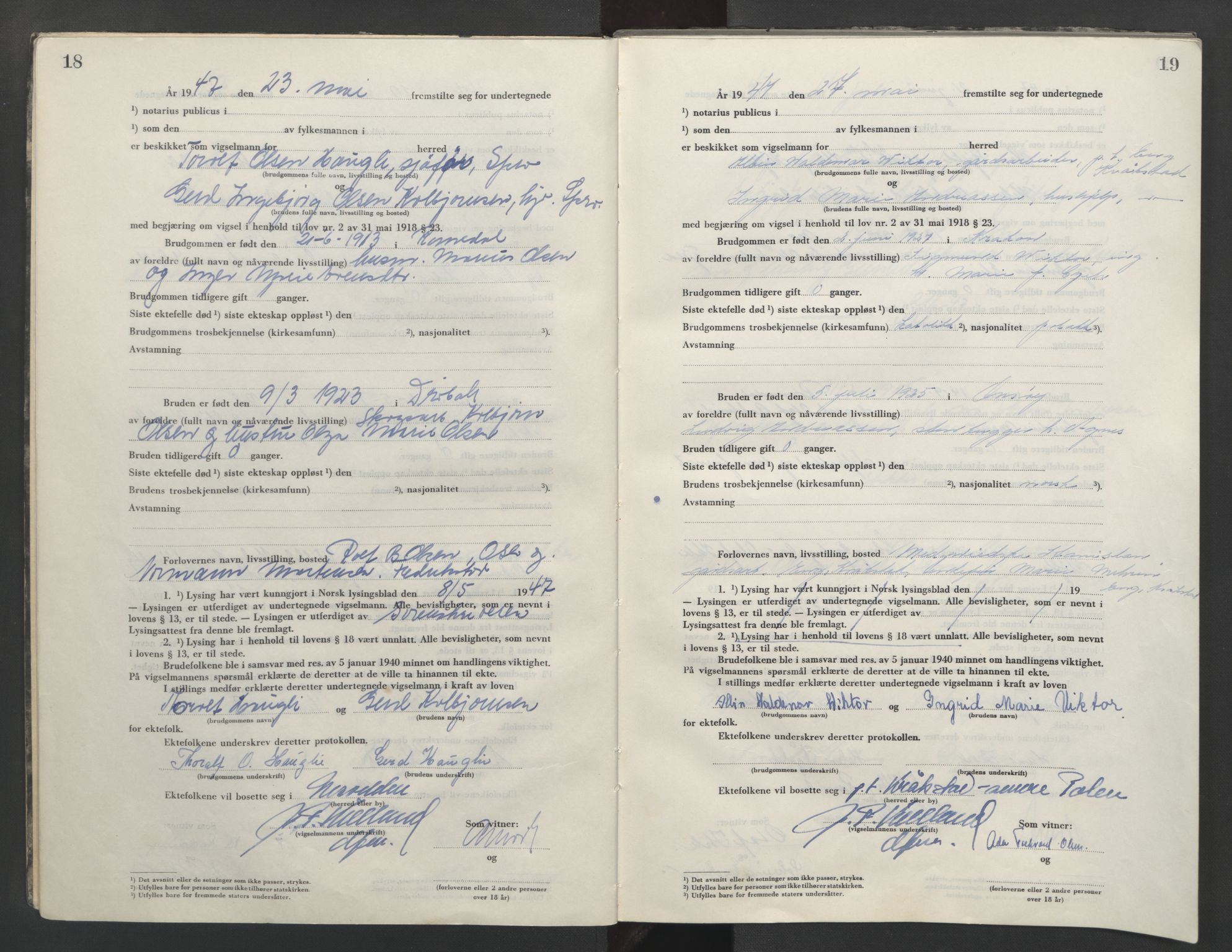 Follo sorenskriveri, AV/SAO-A-10274/L/La/Lab/L0003: Vigselsbok, 1946-1955, p. 18-19