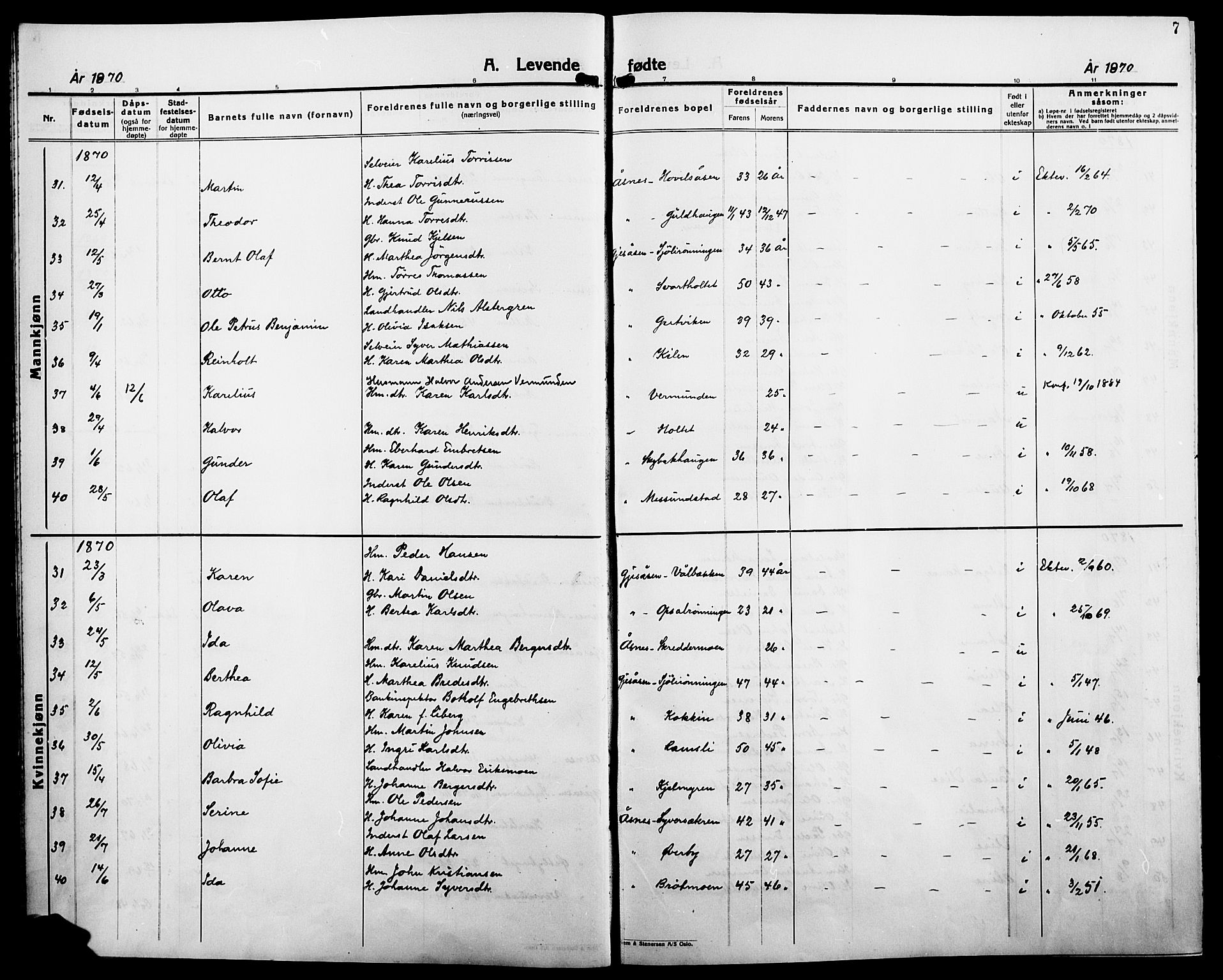 Åsnes prestekontor, SAH/PREST-042/H/Ha/Haa/L0000B: Parish register (official), 1870-1889, p. 7