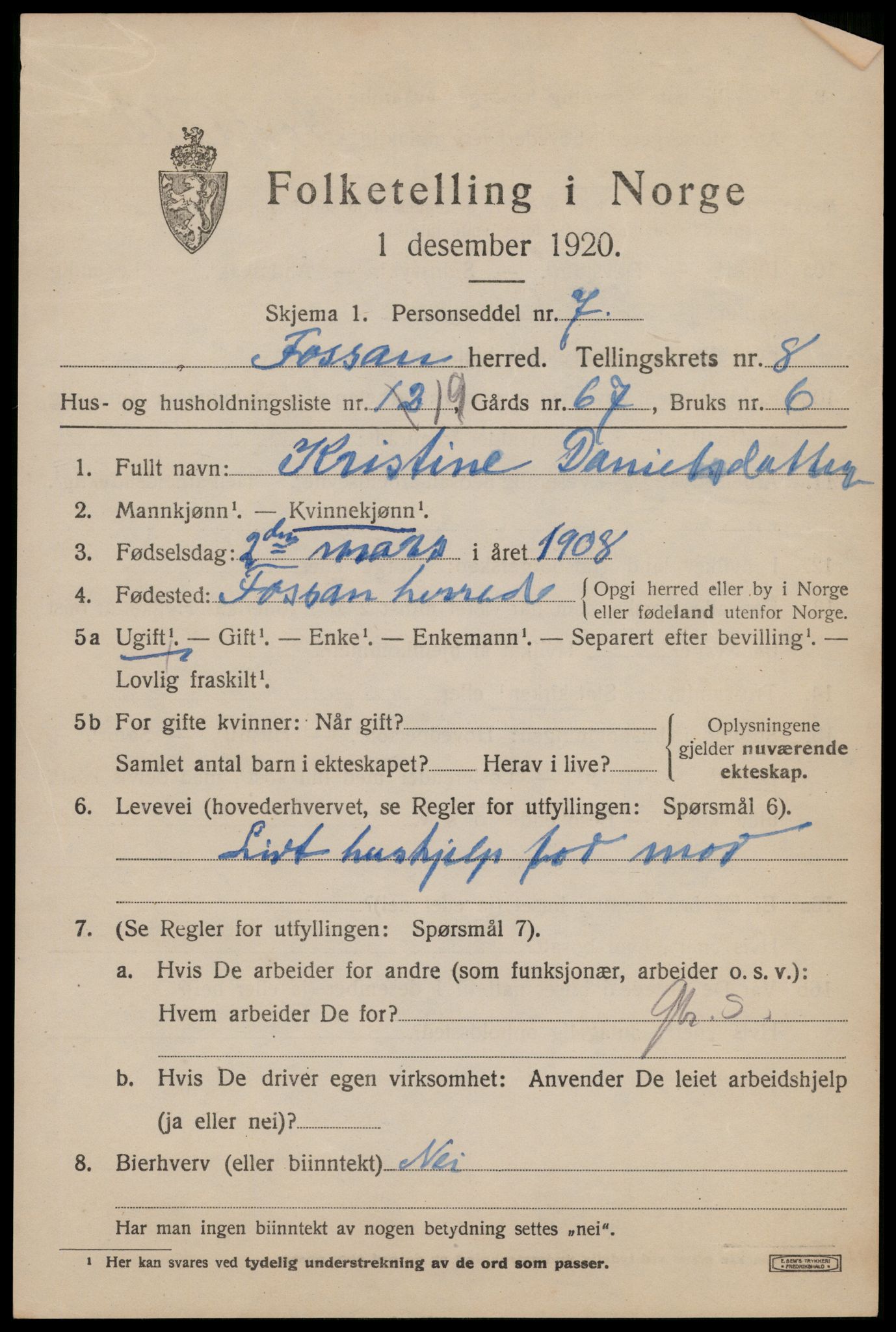 SAST, 1920 census for Forsand, 1920, p. 3969