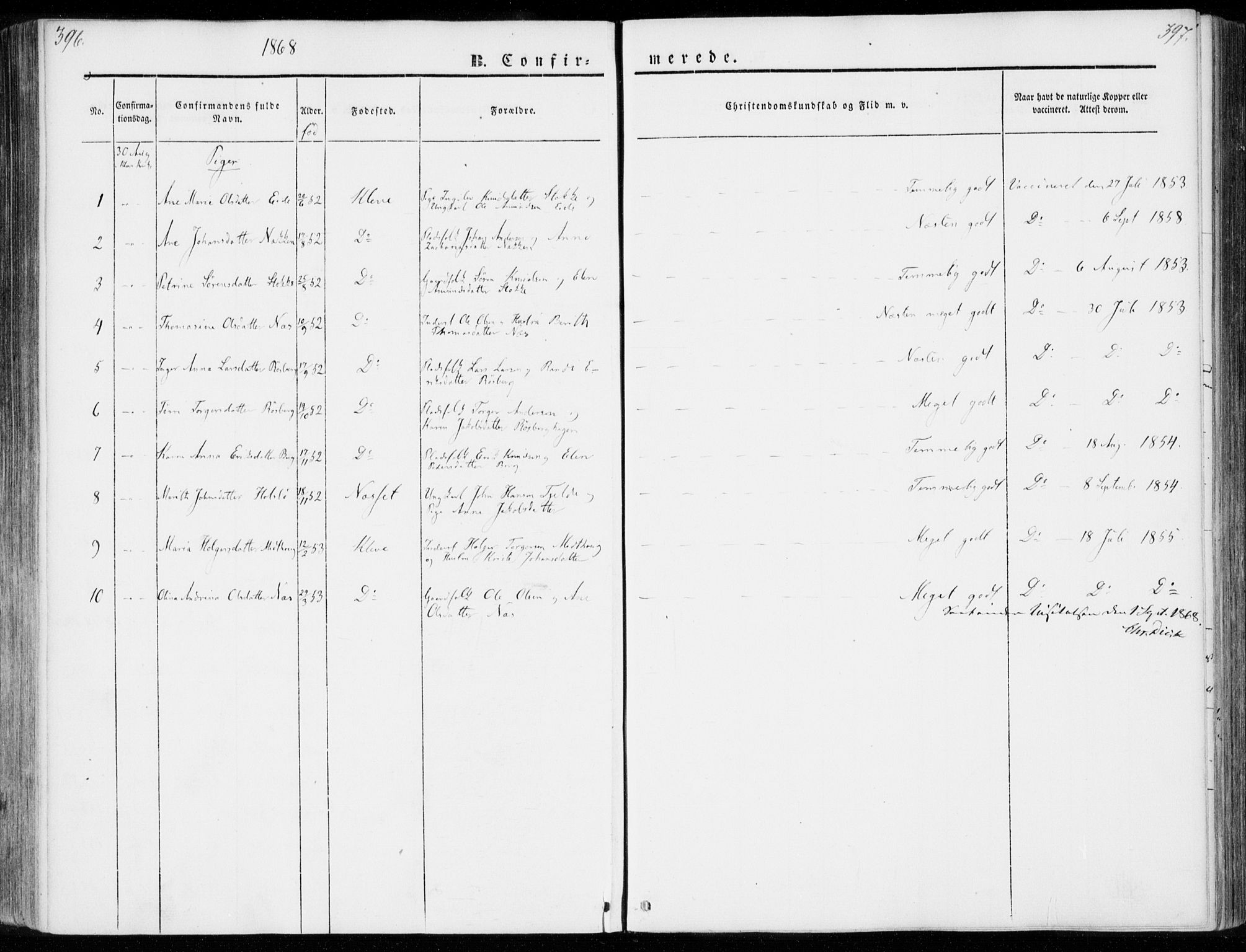 Ministerialprotokoller, klokkerbøker og fødselsregistre - Møre og Romsdal, AV/SAT-A-1454/557/L0680: Parish register (official) no. 557A02, 1843-1869, p. 396-397