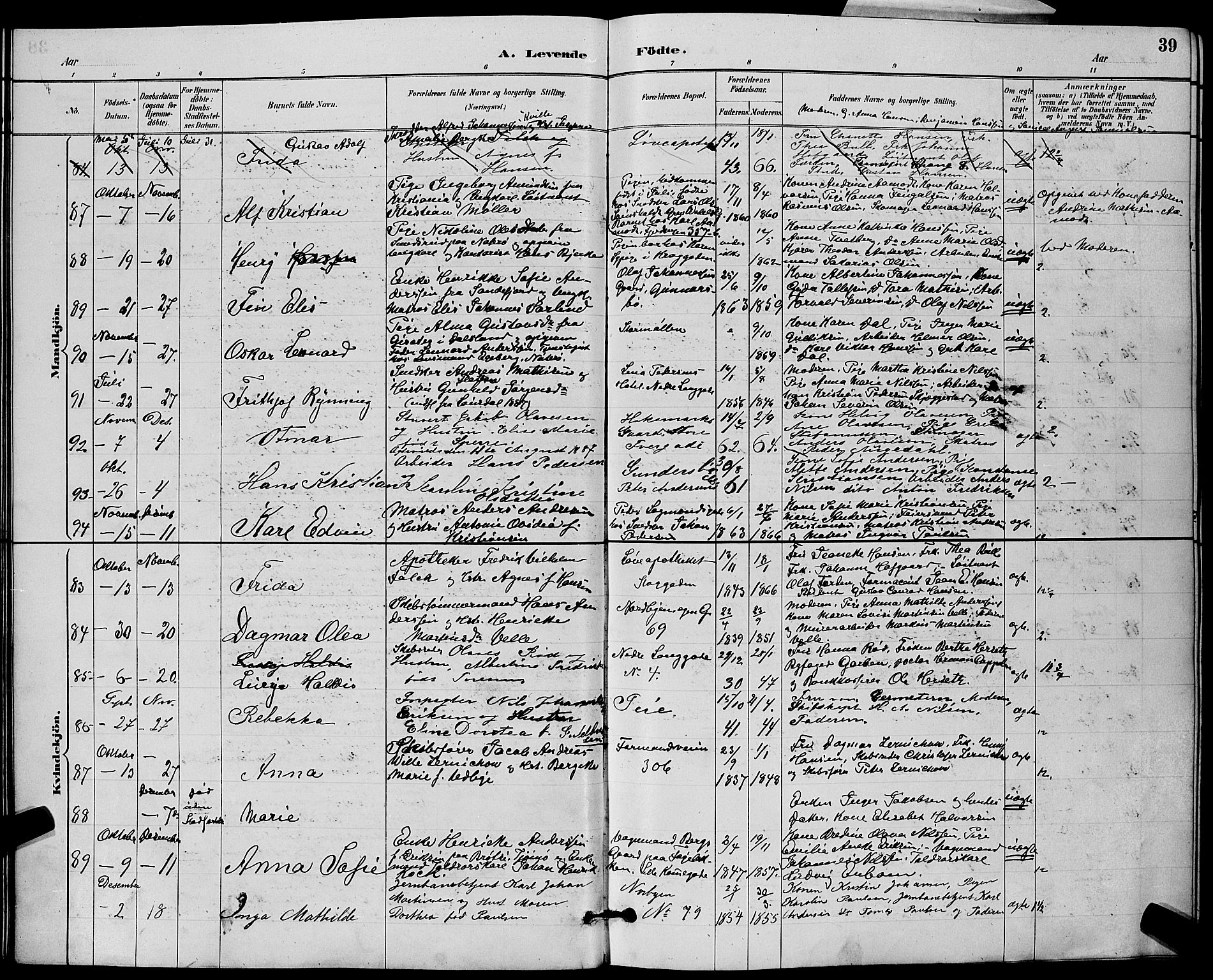 Tønsberg kirkebøker, AV/SAKO-A-330/G/Ga/L0006: Parish register (copy) no. 6, 1885-1895, p. 39