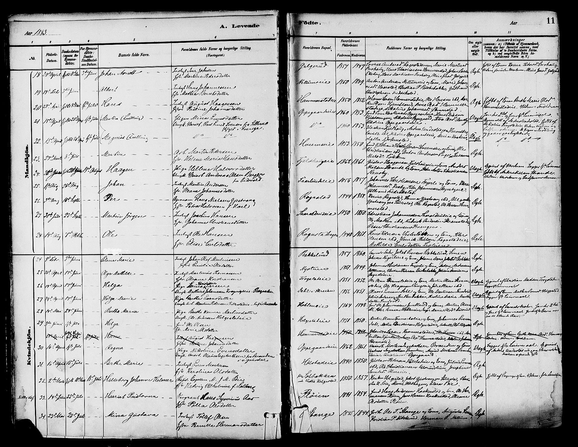 Østre Toten prestekontor, AV/SAH-PREST-104/H/Ha/Haa/L0007: Parish register (official) no. 7, 1881-1896, p. 11