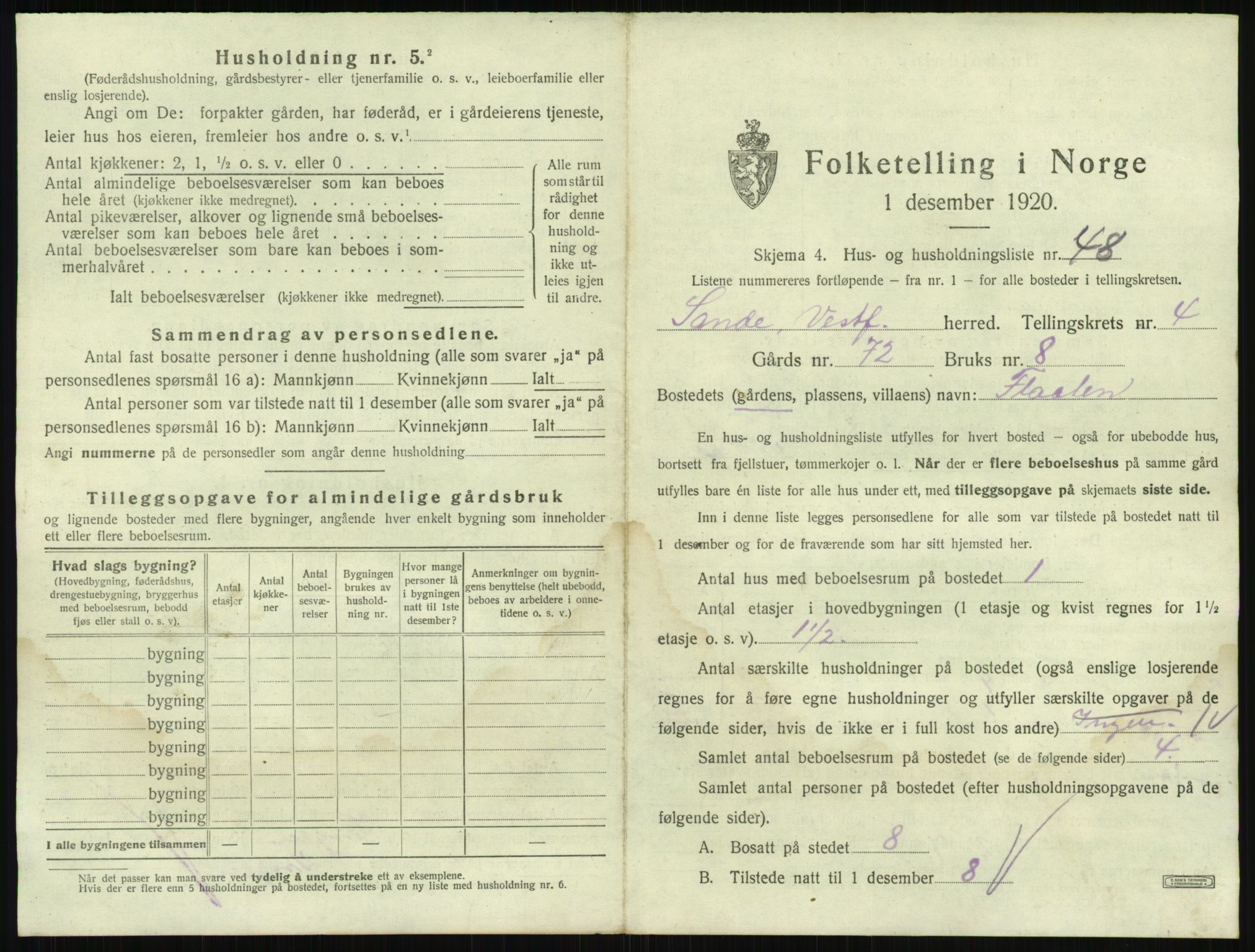 SAKO, 1920 census for Sande, 1920, p. 850