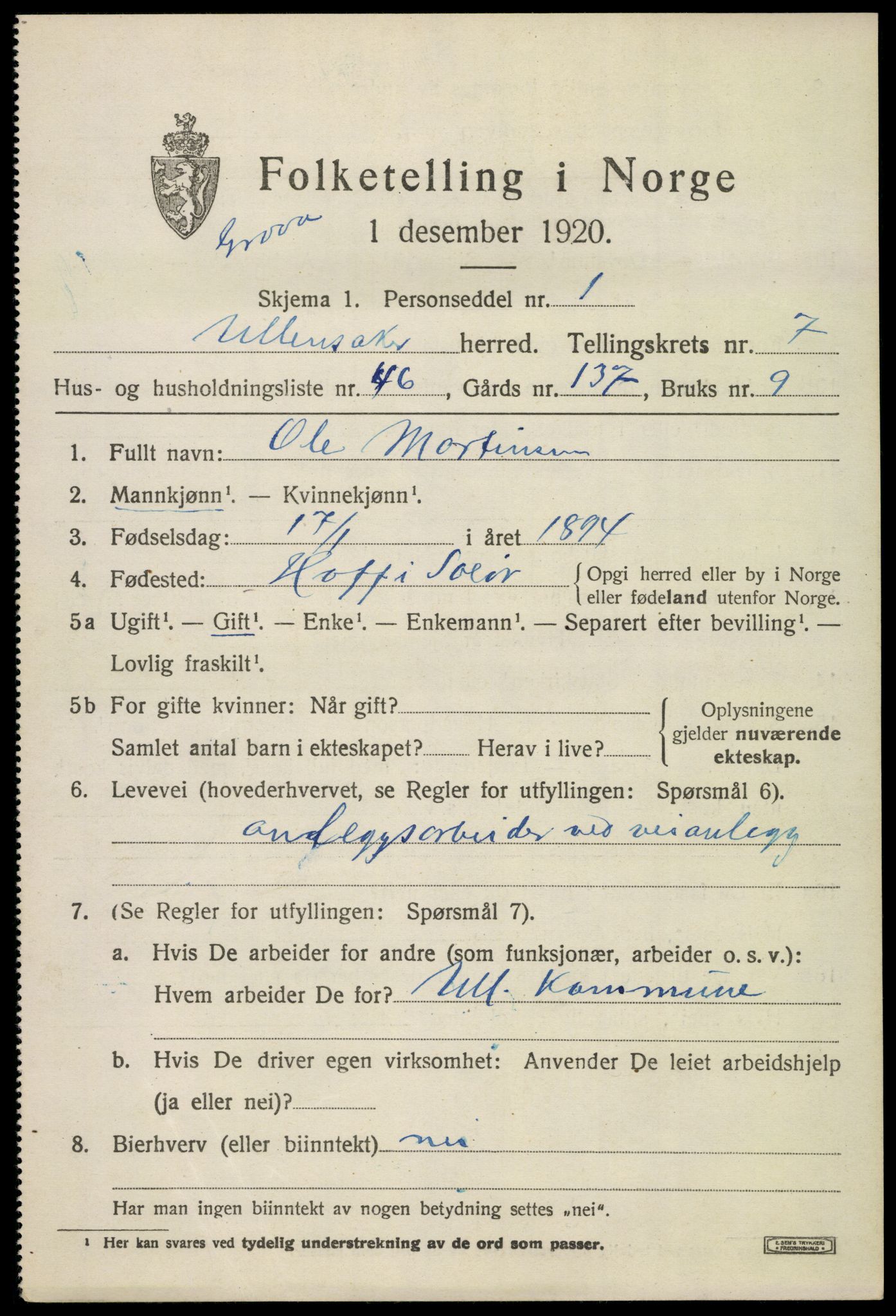SAO, 1920 census for Ullensaker, 1920, p. 13479