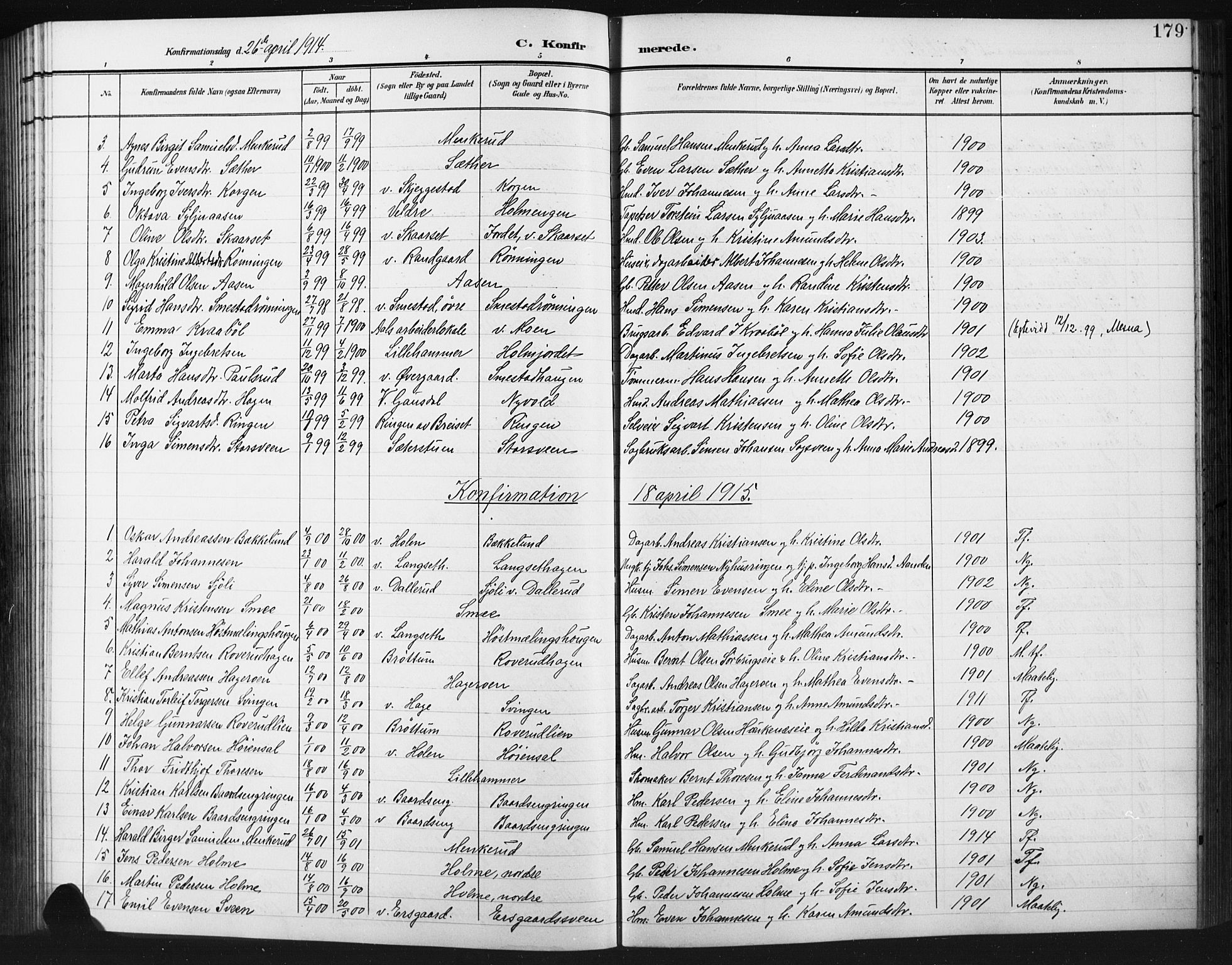 Fåberg prestekontor, AV/SAH-PREST-086/H/Ha/Hab/L0012: Parish register (copy) no. 12, 1903-1924, p. 179