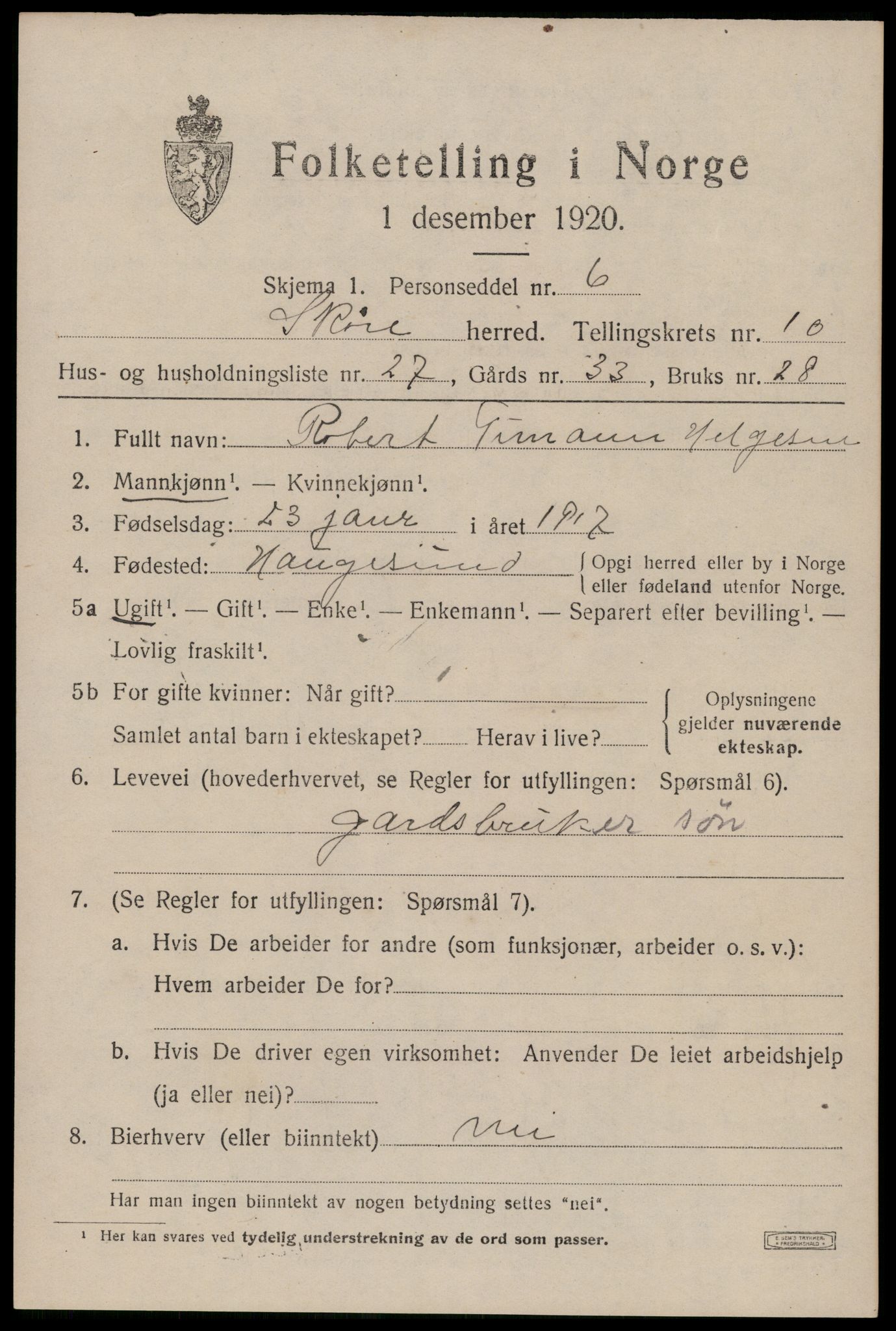 SAST, 1920 census for Skåre, 1920, p. 8208