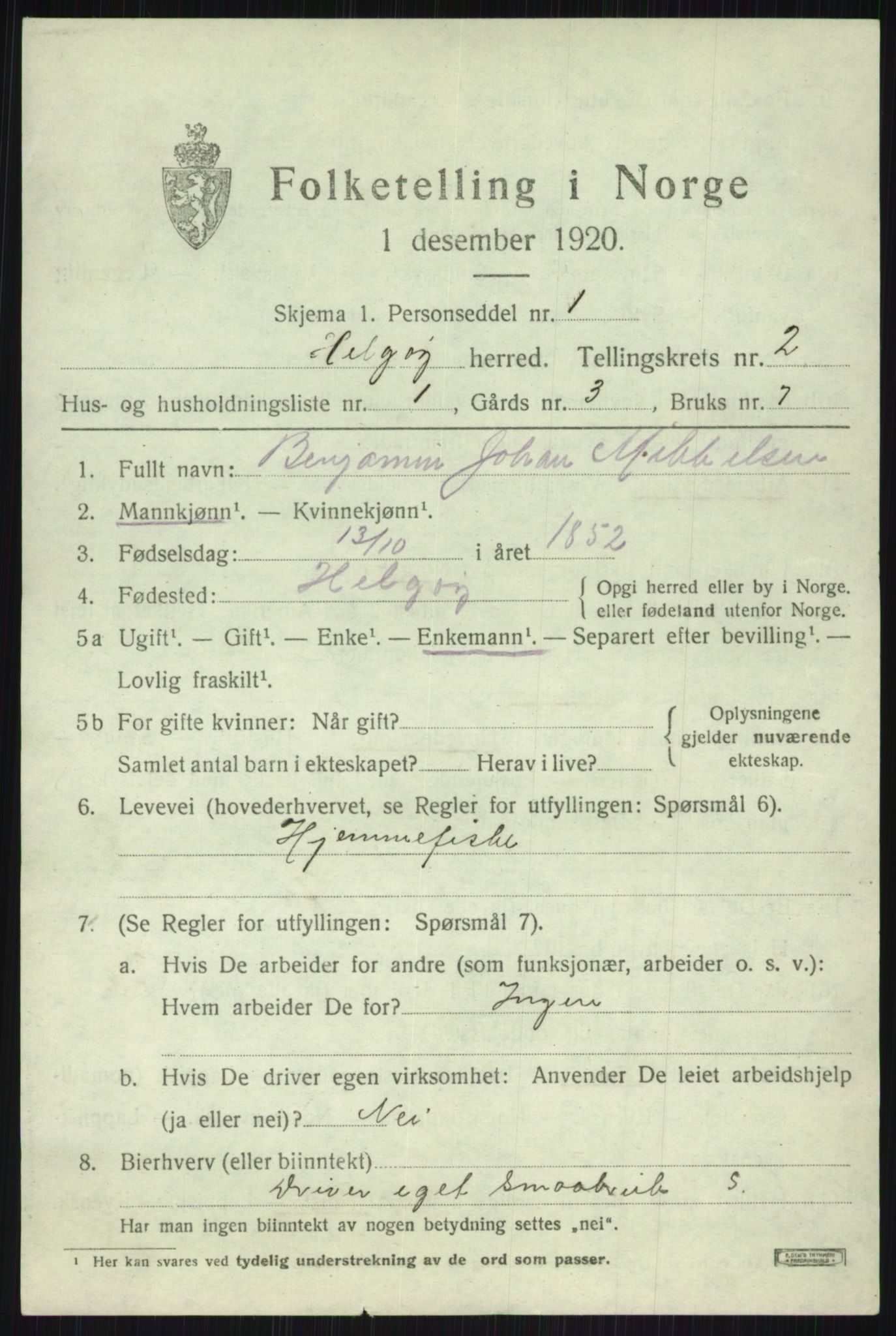 SATØ, 1920 census for Helgøy, 1920, p. 1117