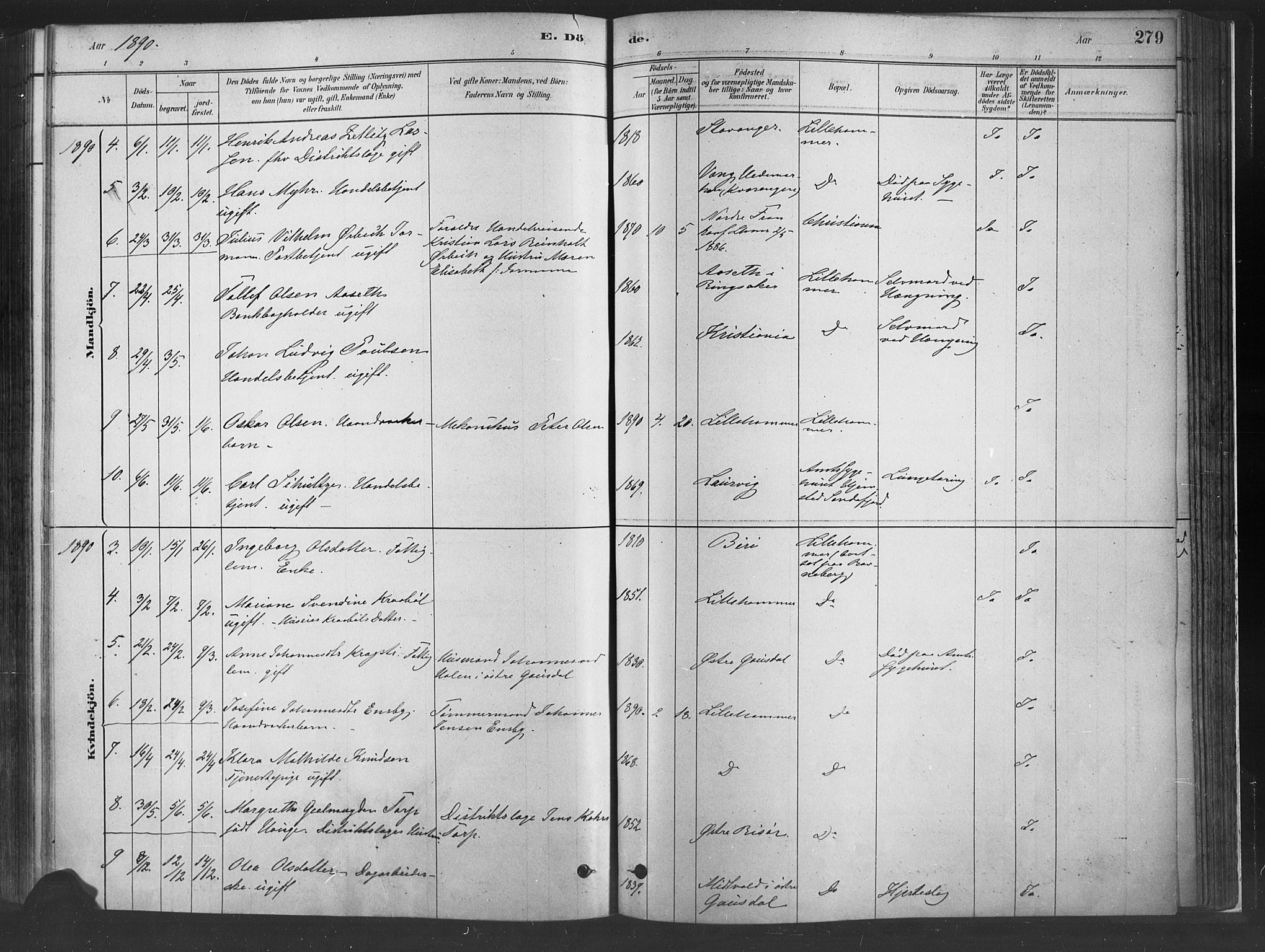 Fåberg prestekontor, SAH/PREST-086/H/Ha/Haa/L0010: Parish register (official) no. 10, 1879-1900, p. 279