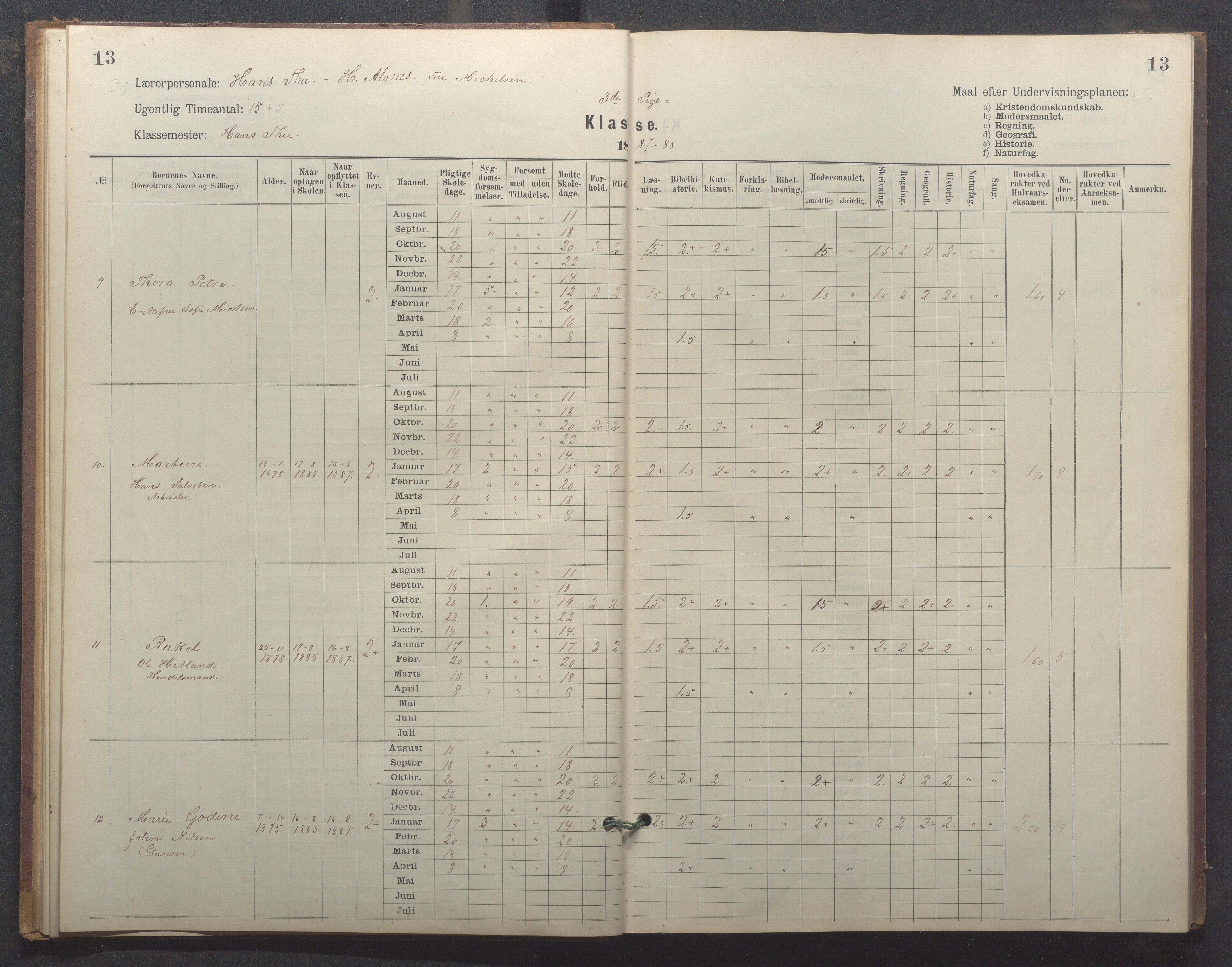 Egersund kommune (Ladested) - Egersund almueskole/folkeskole, IKAR/K-100521/H/L0024: Skoleprotokoll - Almueskolen, 3. klasse, 1887-1892, p. 13