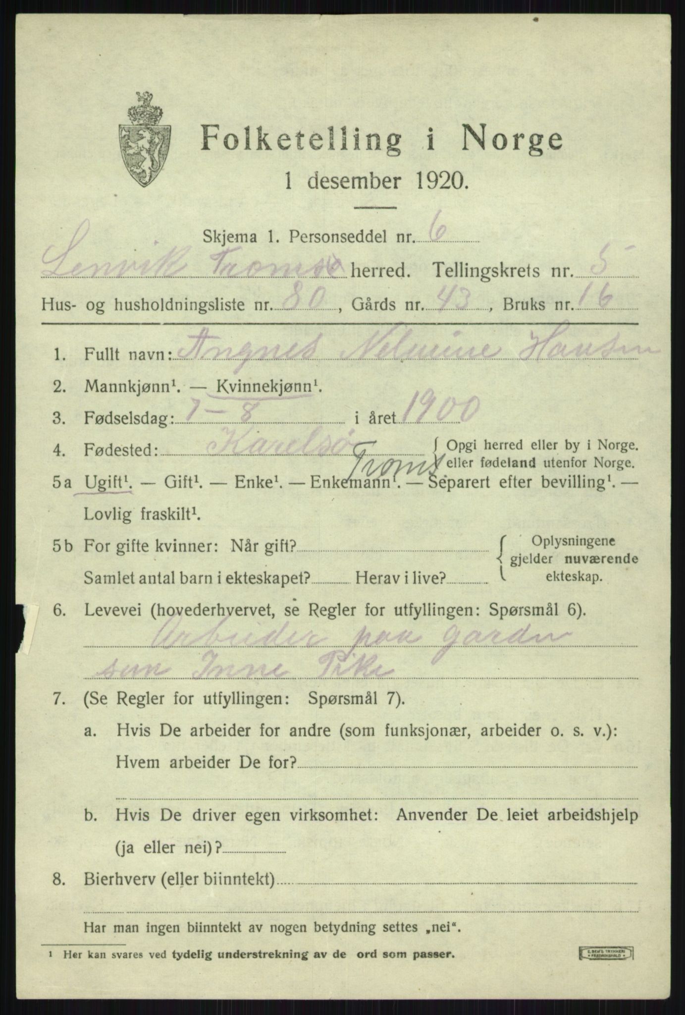 SATØ, 1920 census for Lenvik, 1920, p. 7826