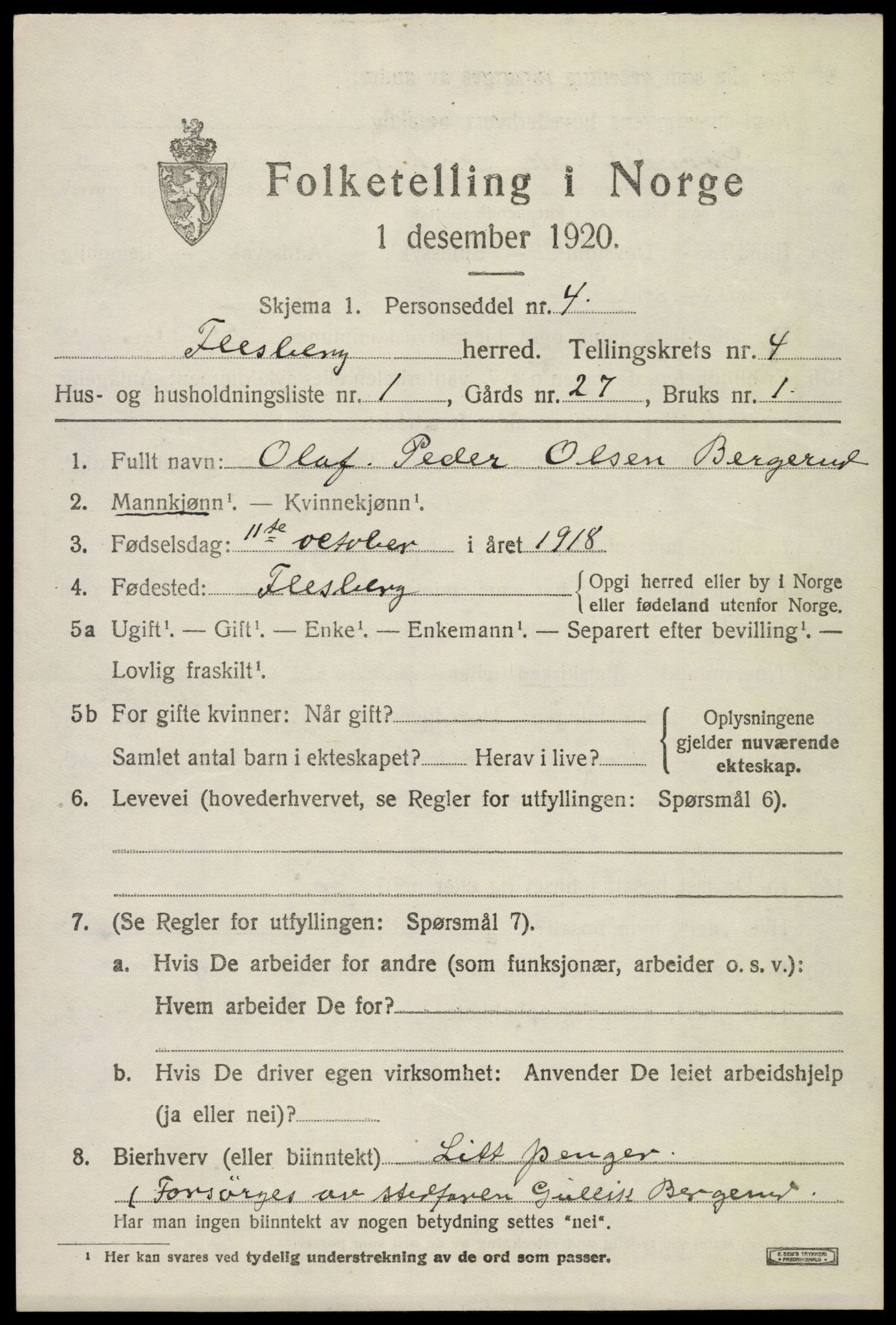 SAKO, 1920 census for Flesberg, 1920, p. 2161