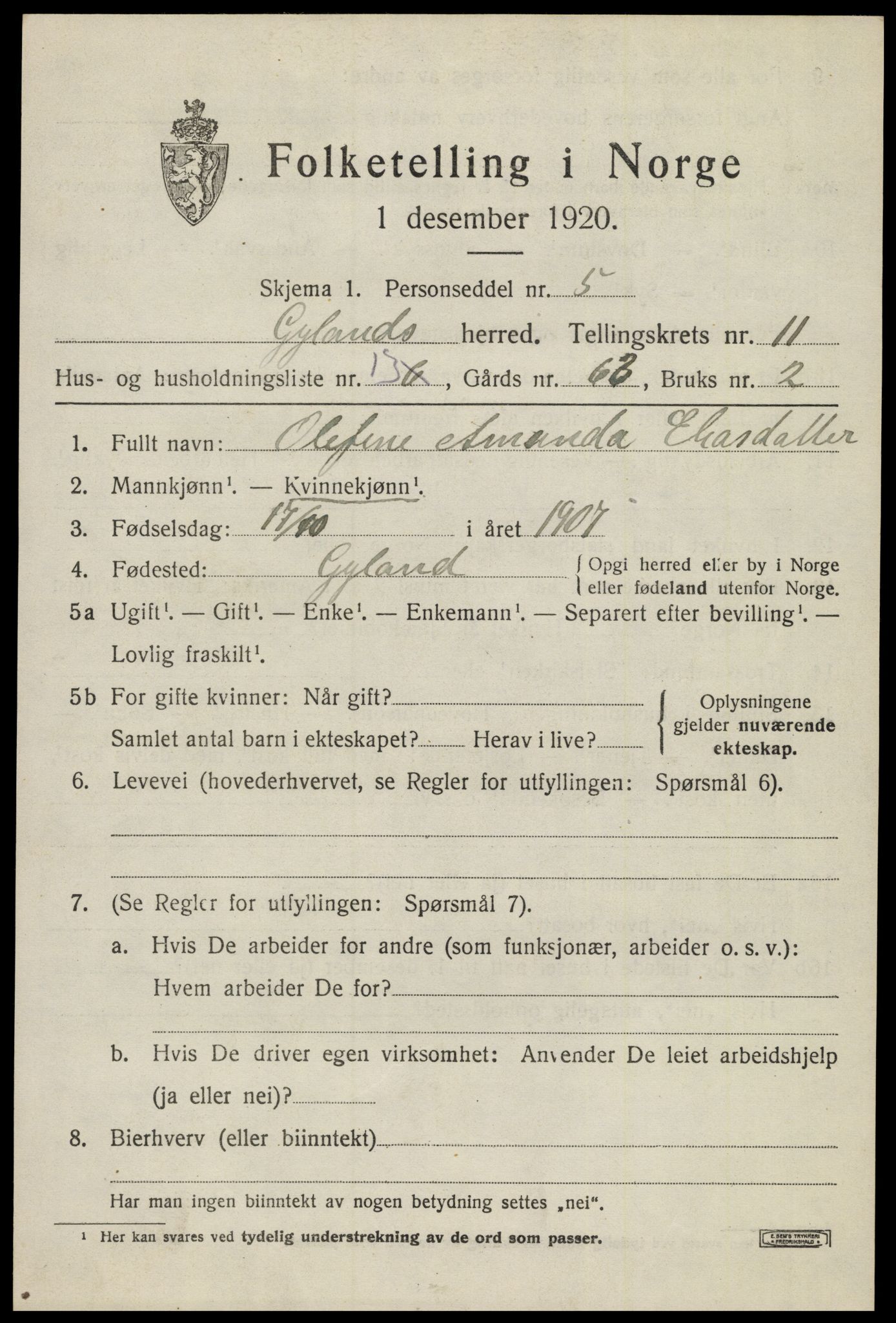 SAK, 1920 census for Gyland, 1920, p. 2420