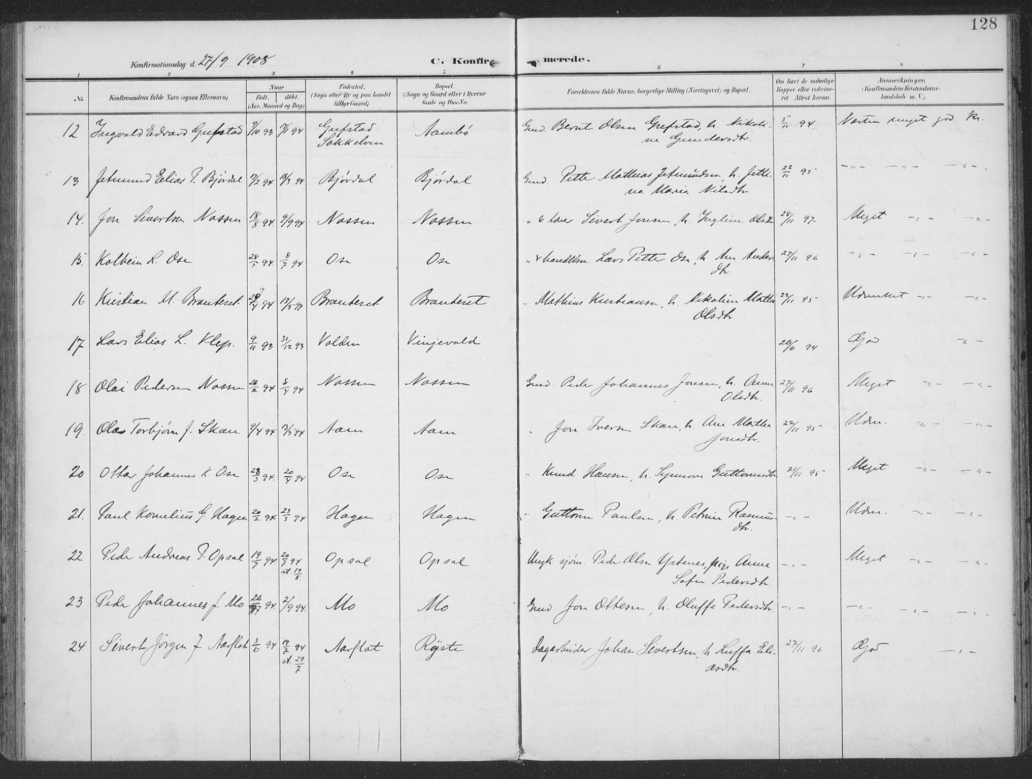Ministerialprotokoller, klokkerbøker og fødselsregistre - Møre og Romsdal, SAT/A-1454/513/L0178: Parish register (official) no. 513A05, 1906-1919, p. 128
