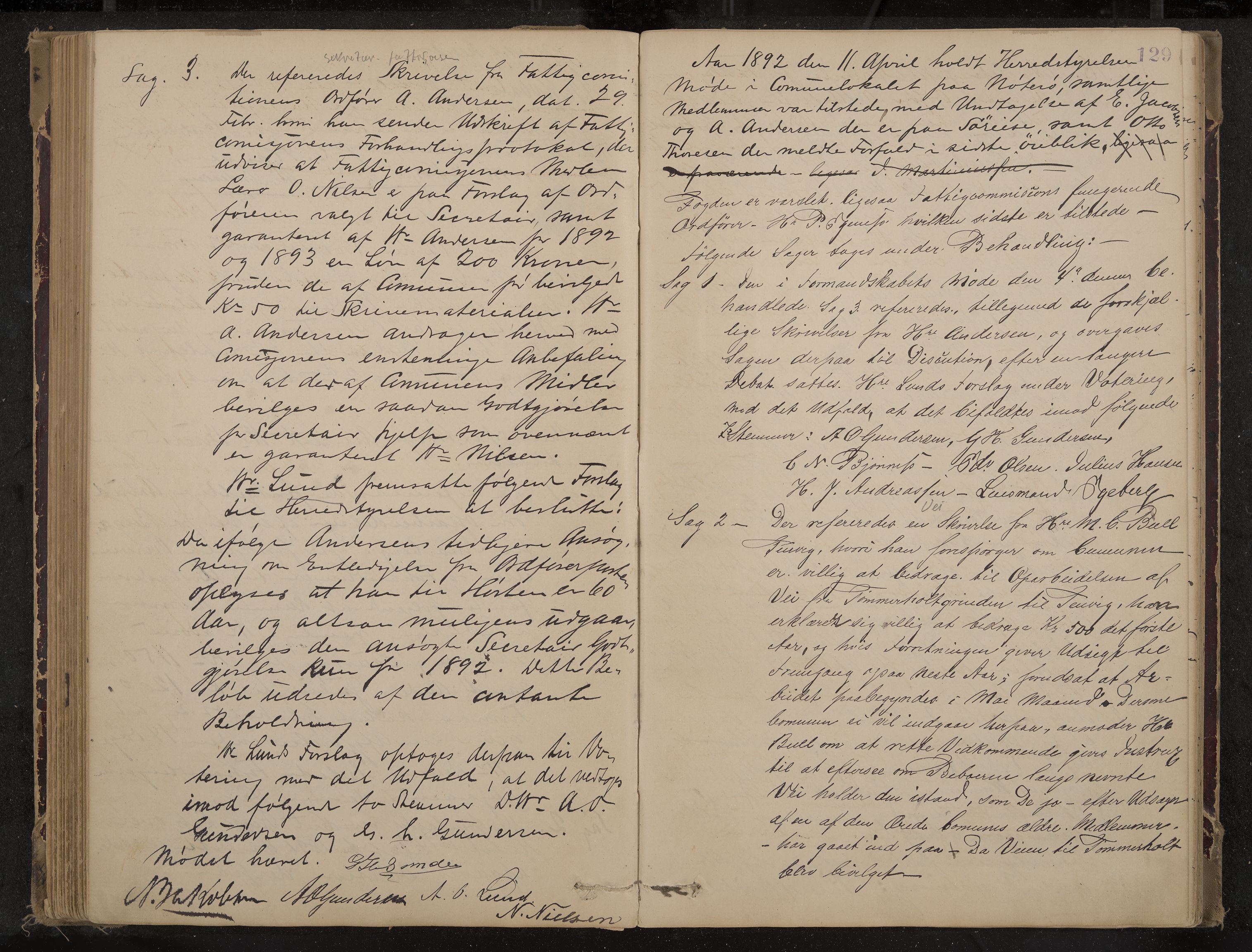 Nøtterøy formannskap og sentraladministrasjon, IKAK/0722021-1/A/Aa/L0004: Møtebok, 1887-1896, p. 129