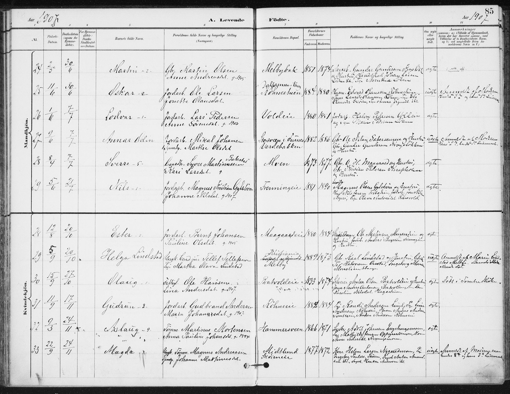 Romedal prestekontor, AV/SAH-PREST-004/K/L0011: Parish register (official) no. 11, 1896-1912, p. 85